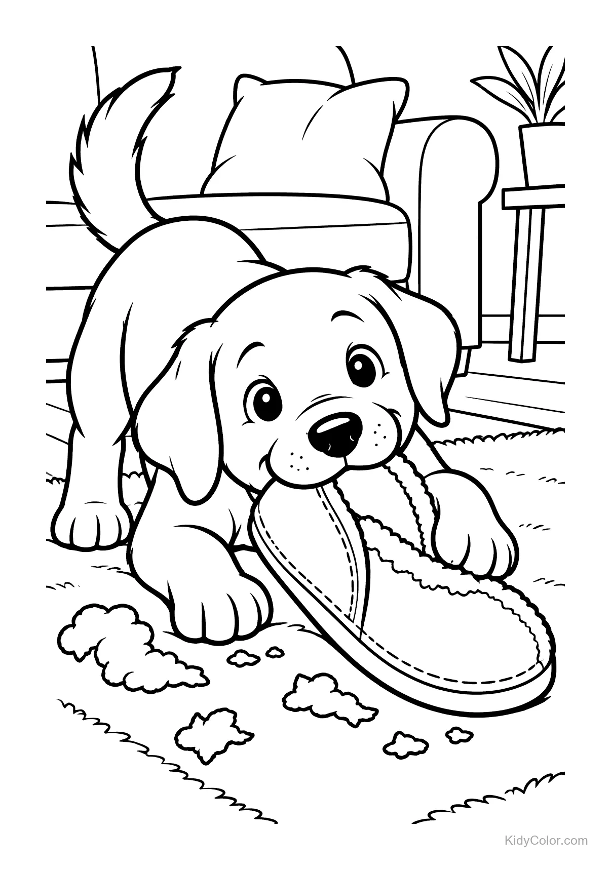 A puppy chewing a slipper on a living room rug with a couch in the background.