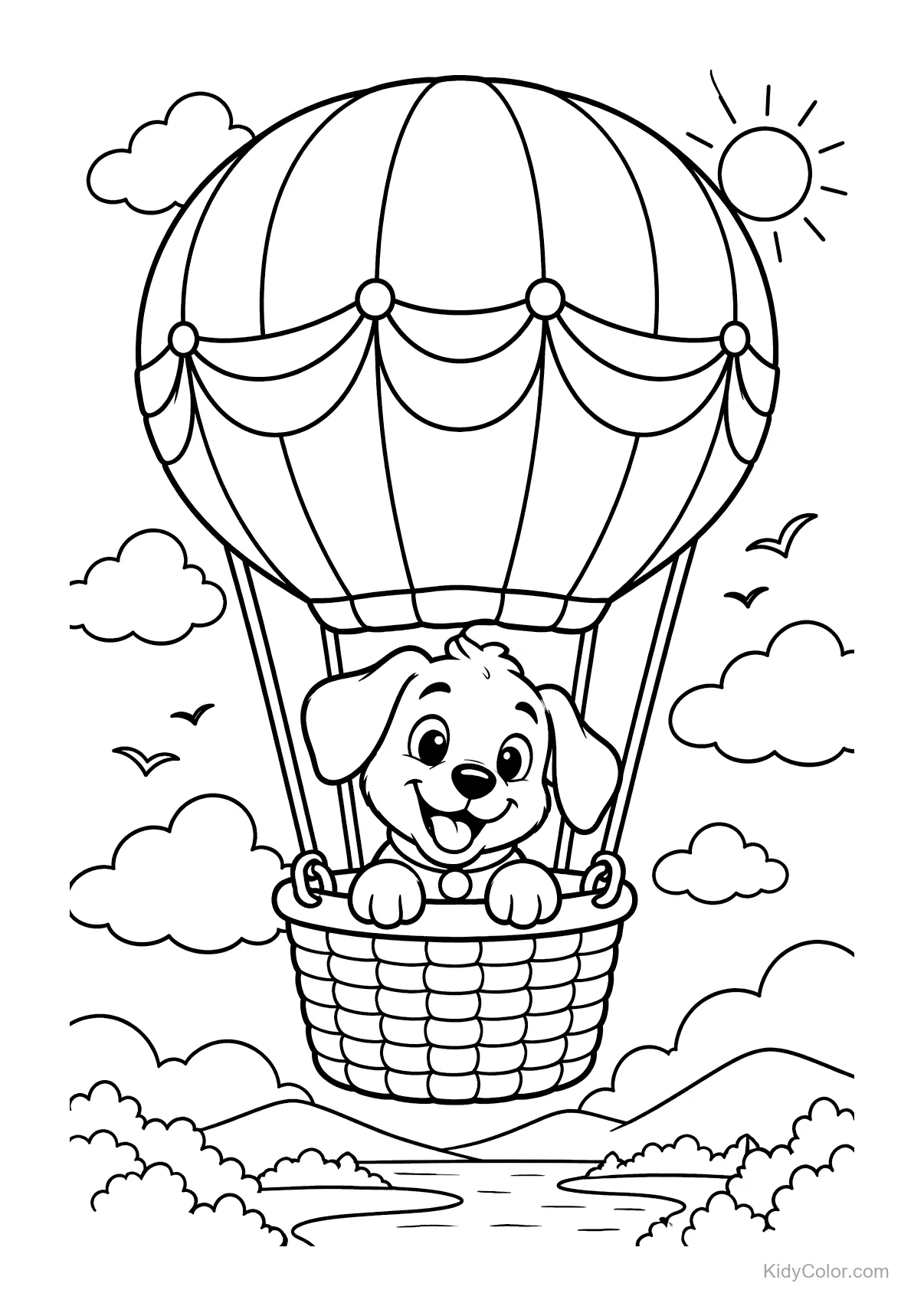Puppy in a hot air balloon, sunny sky and clouds.