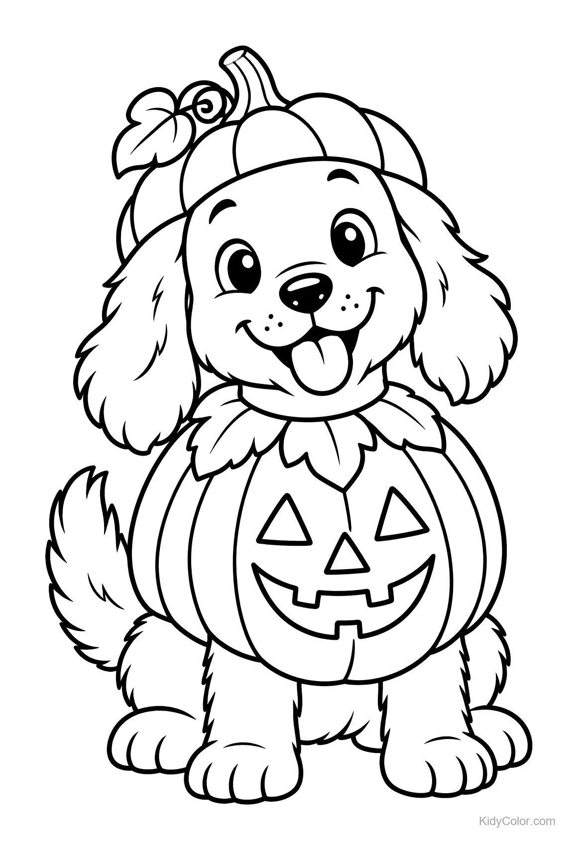 Puppy wearing a pumpkin costume with a jack-o'-lantern design.