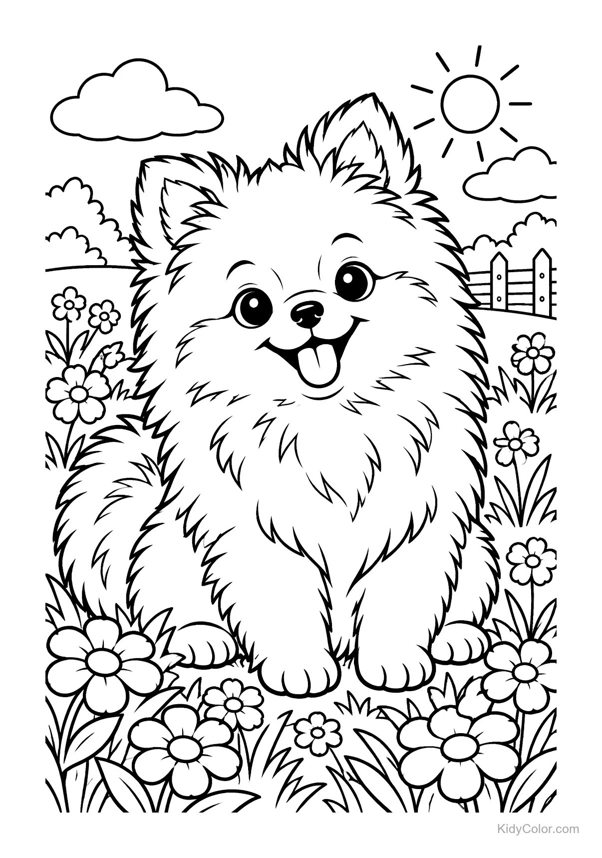 Fluffy puppy sitting in a sunny flower meadow with flowers.