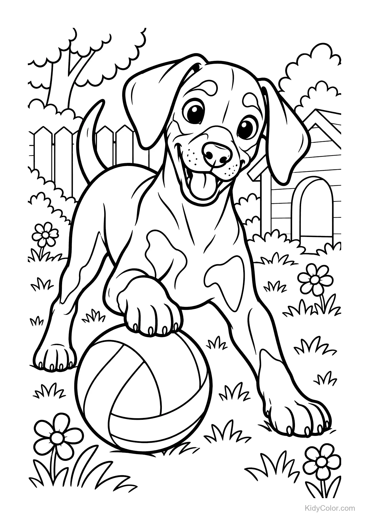 Puppy with a ball in a garden, near flowers and a doghouse.