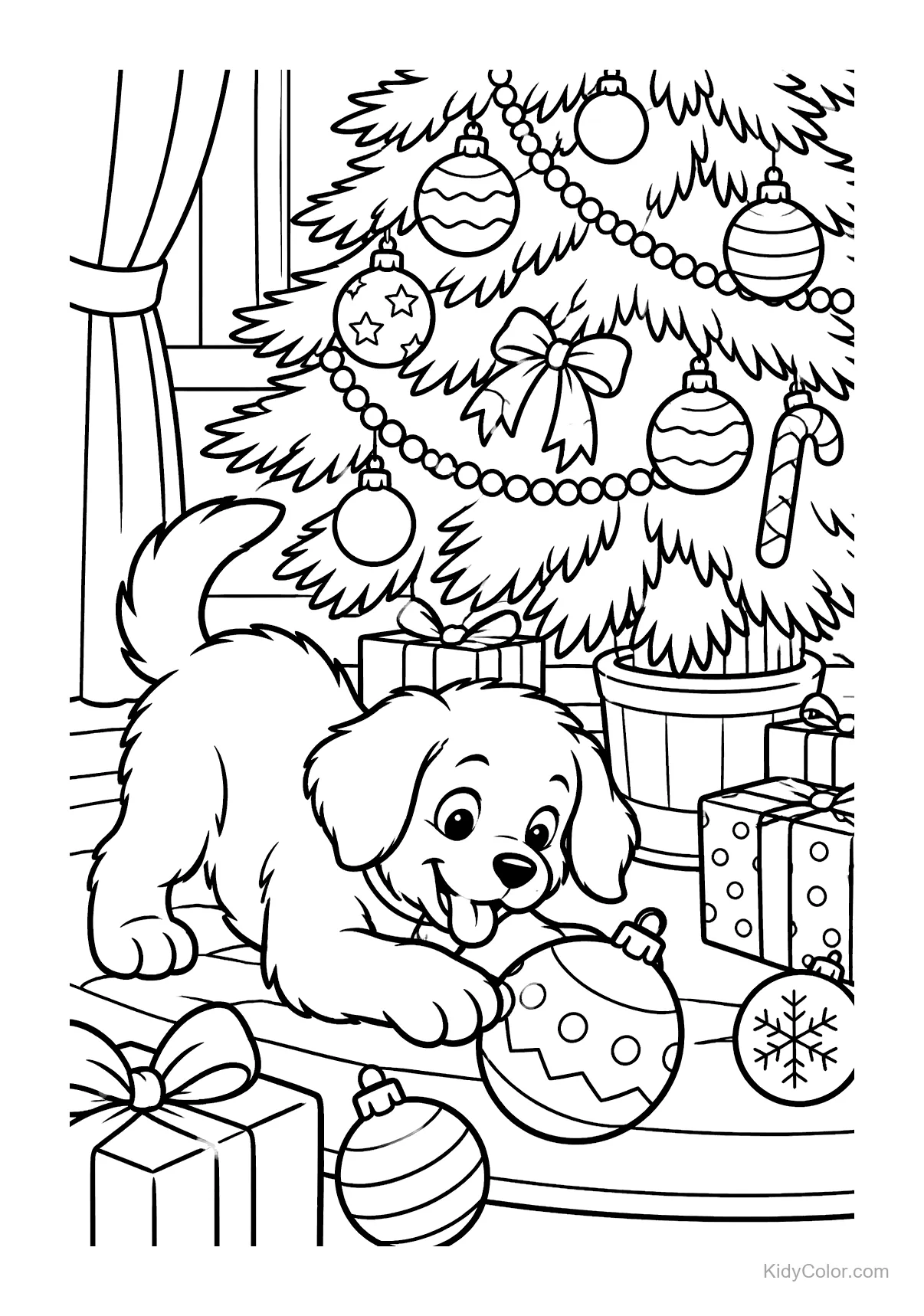 Perrito juguetón bajo un árbol de Navidad decorado con adornos y regalos.