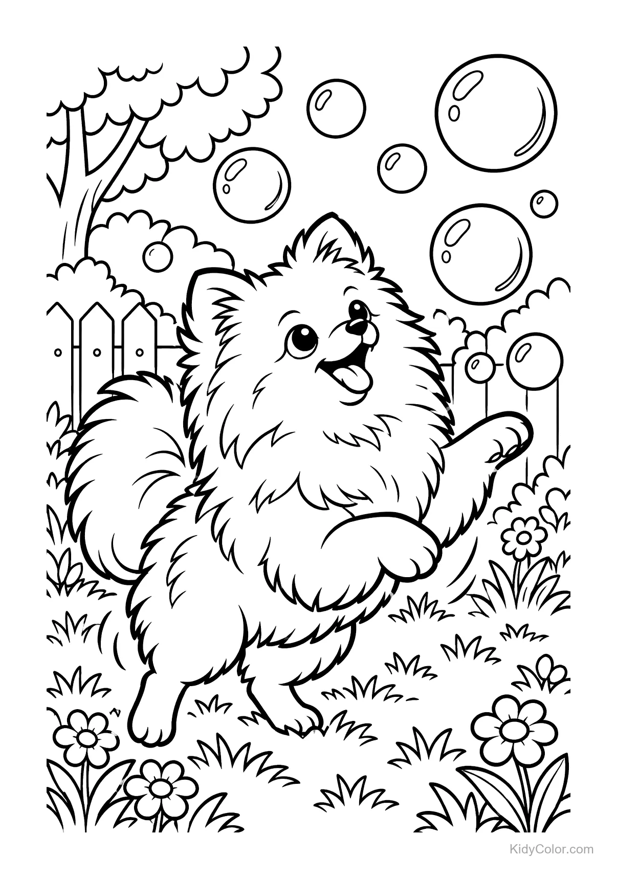 A playful puppy chasing bubbles in a garden.