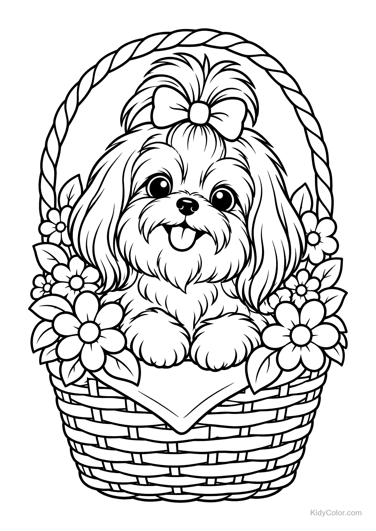 A fluffy puppy with a bow in a flower-filled basket line drawing.