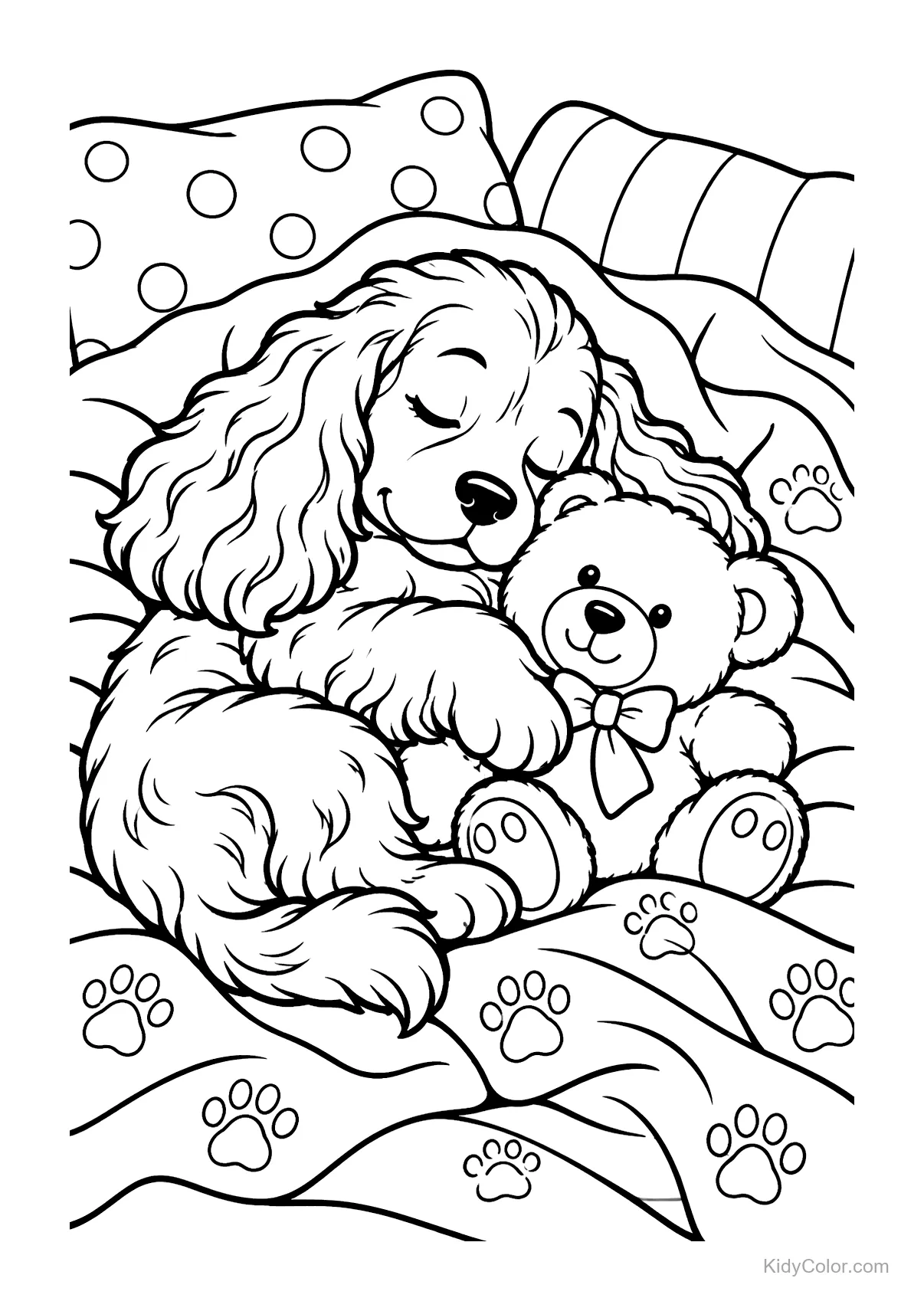 Puppy cuddling a teddy bear on a pillow with paw prints.