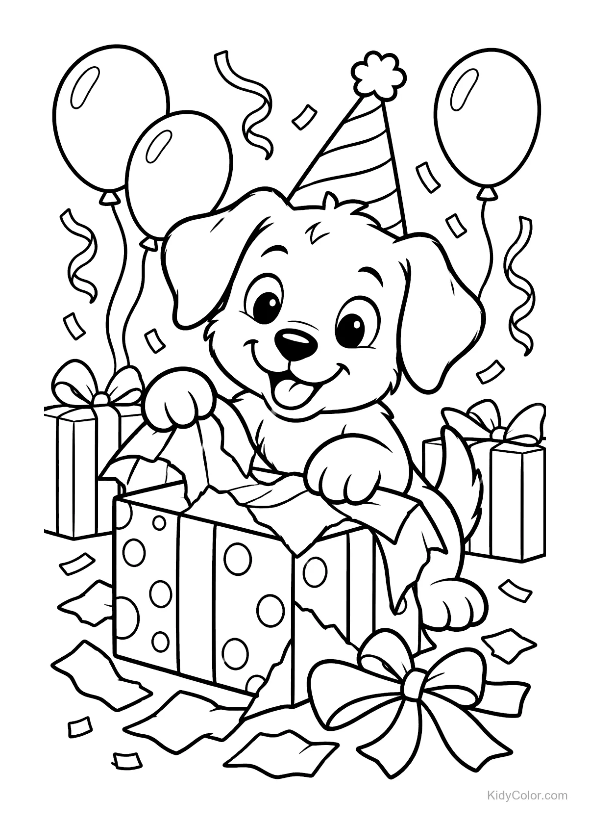 Cachorro abriendo un regalo con globos y confeti.