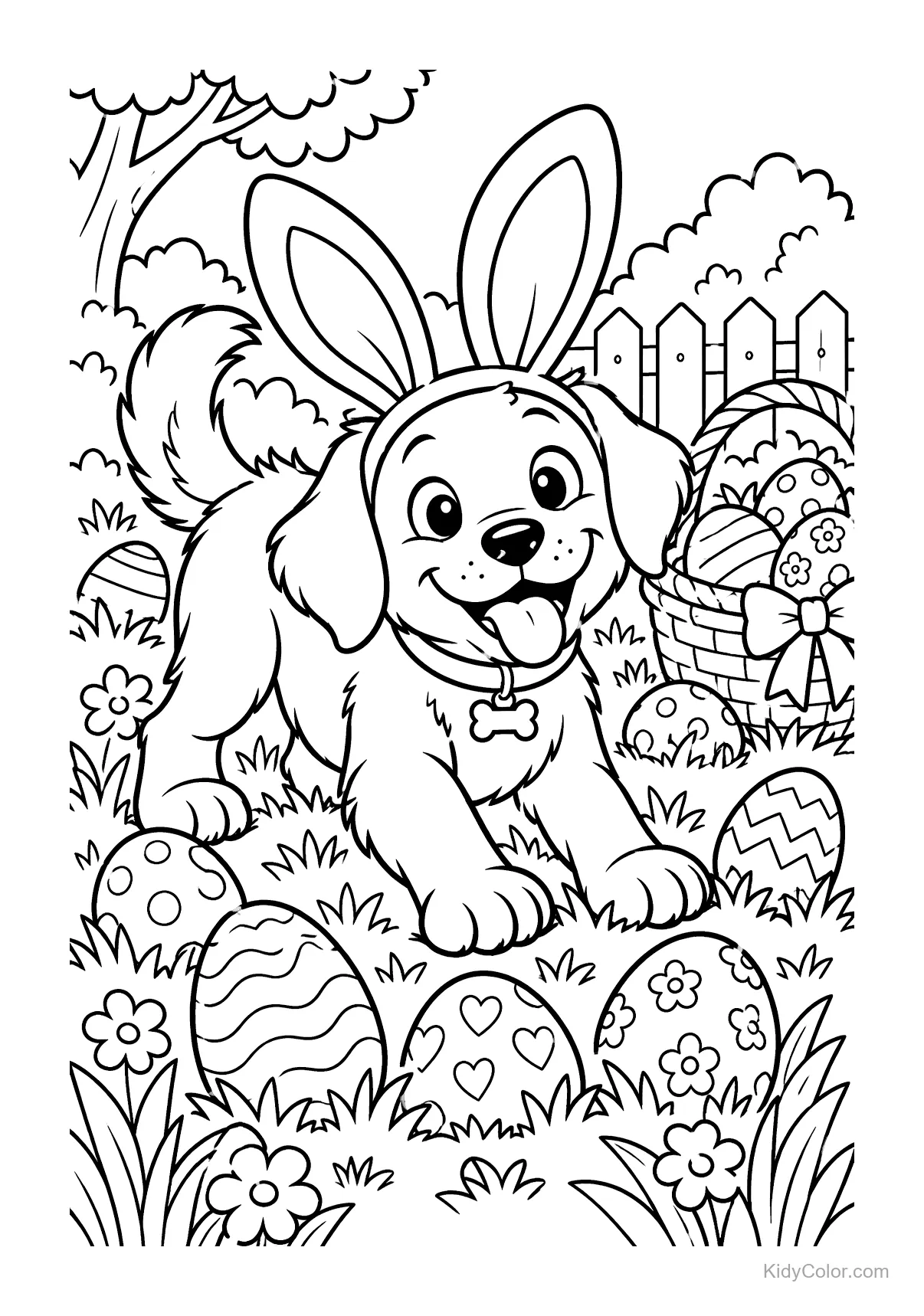 Puppy wearing bunny ears in a garden with Easter eggs and a basket.
