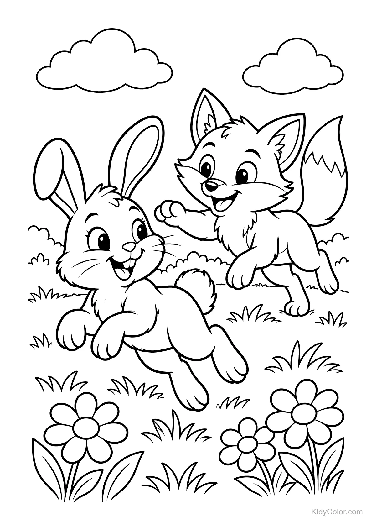 Coelho e raposa brincando de pega-pega em um campo com flores e nuvens.