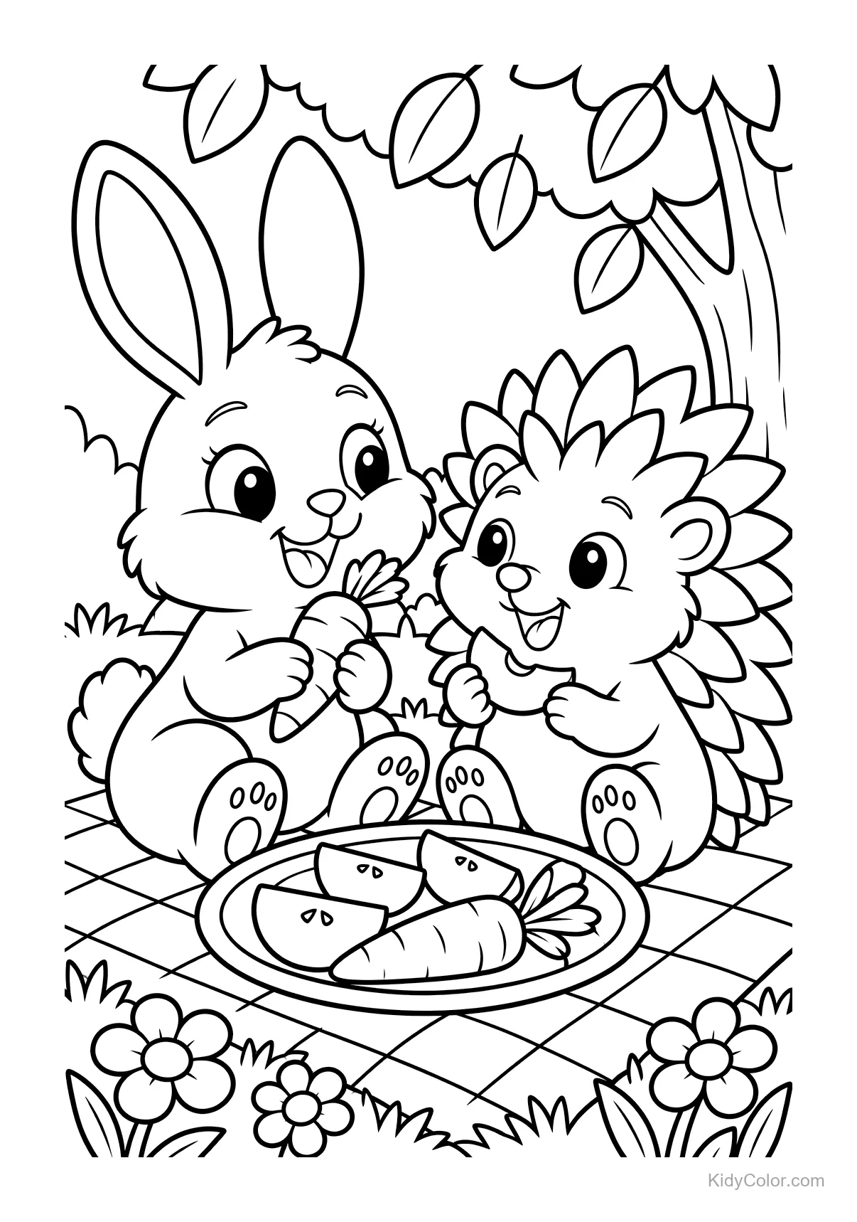 Hase und Igel beim Picknick mit Karotten unter einem Baum.