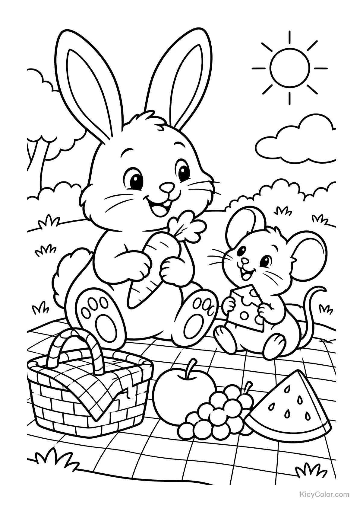 Konijn en muis hebben een picknick met snacks op een zonnige dag