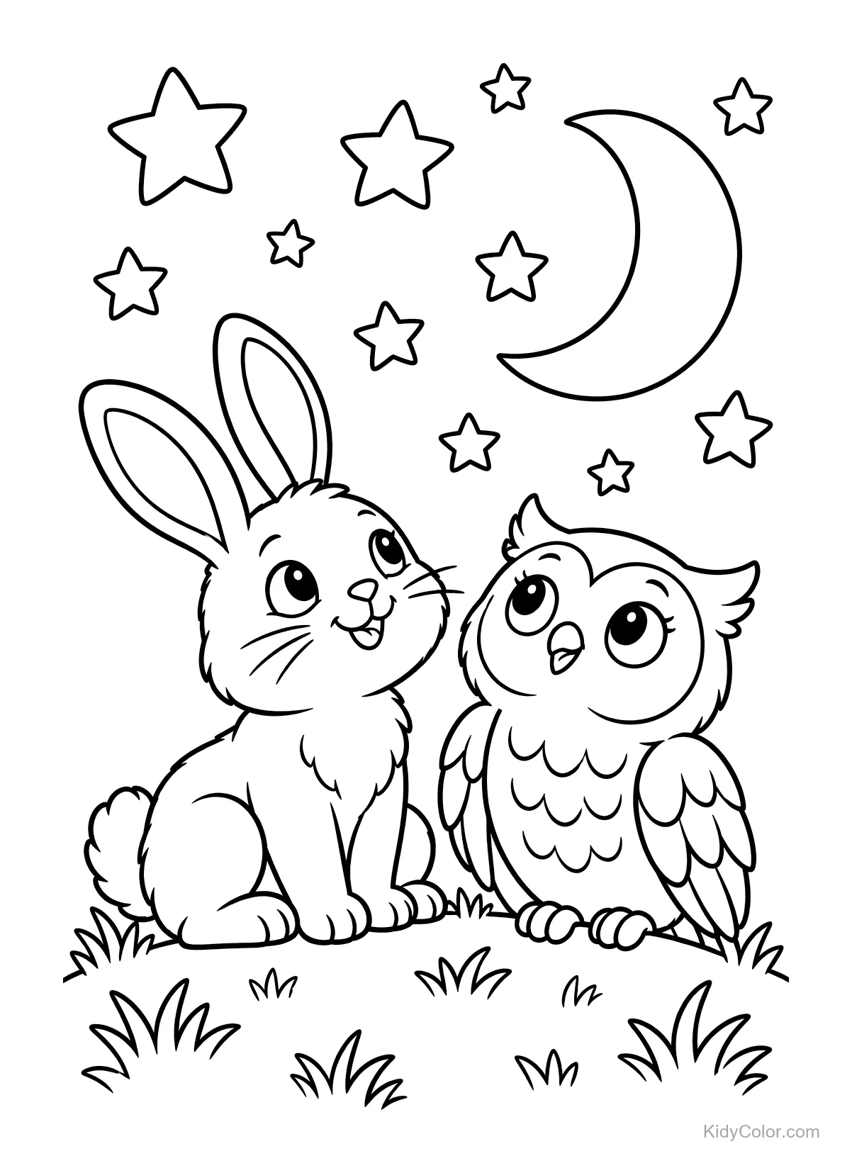 Hase und Eule sitzen auf Gras unter Sternen und einem Halbmond.