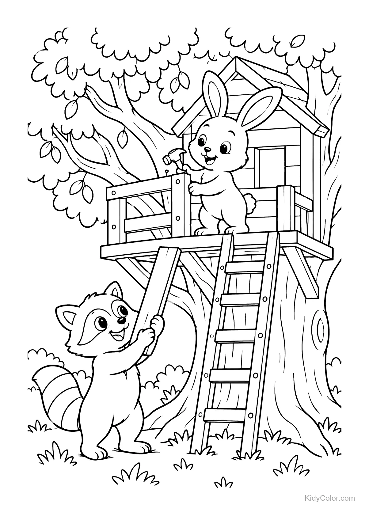 Konijn en wasbeer bouwen een boomhut met gereedschap en ladder.