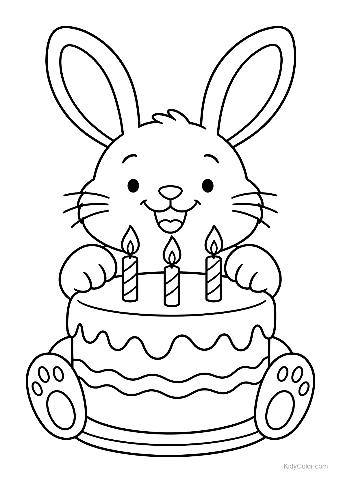 A happy rabbit sitting behind a birthday cake with three candles.