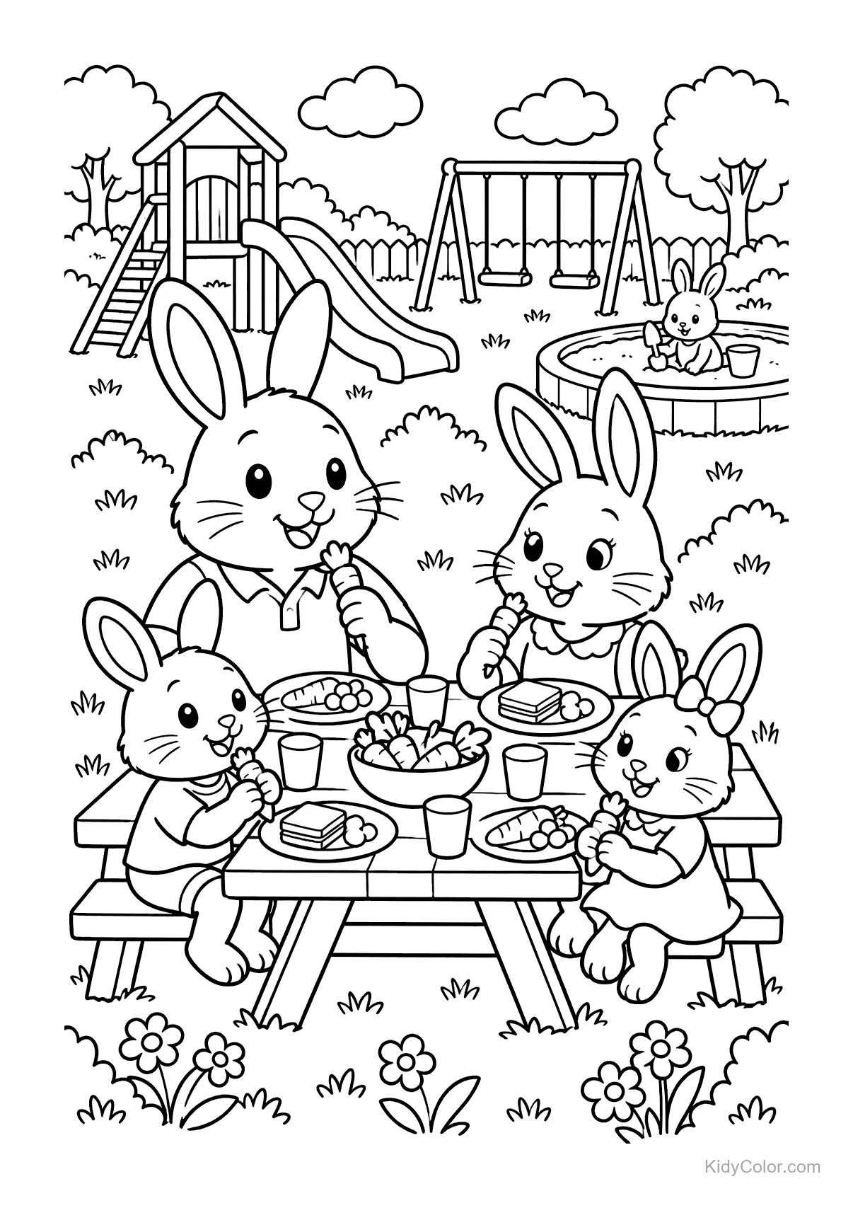 Famille de lapins en pique-nique au parc avec balançoires et toboggan.
