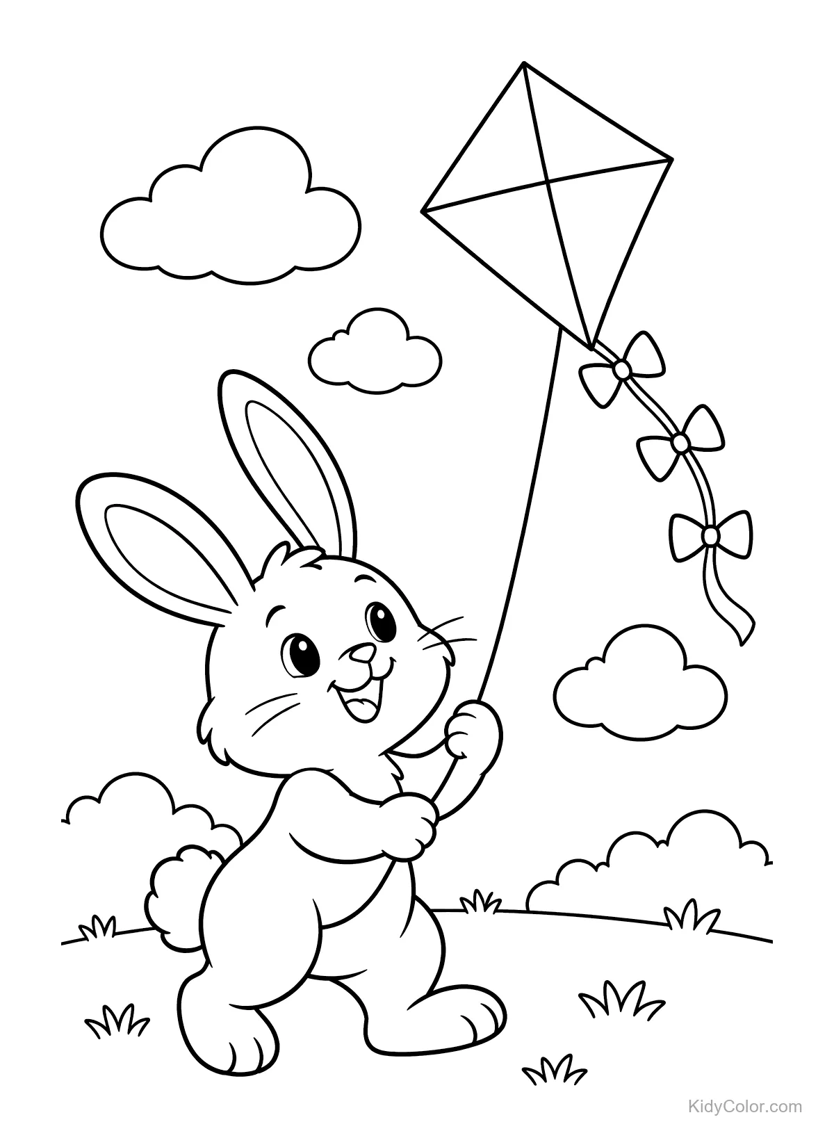 A happy rabbit flying a kite with clouds in the sky.