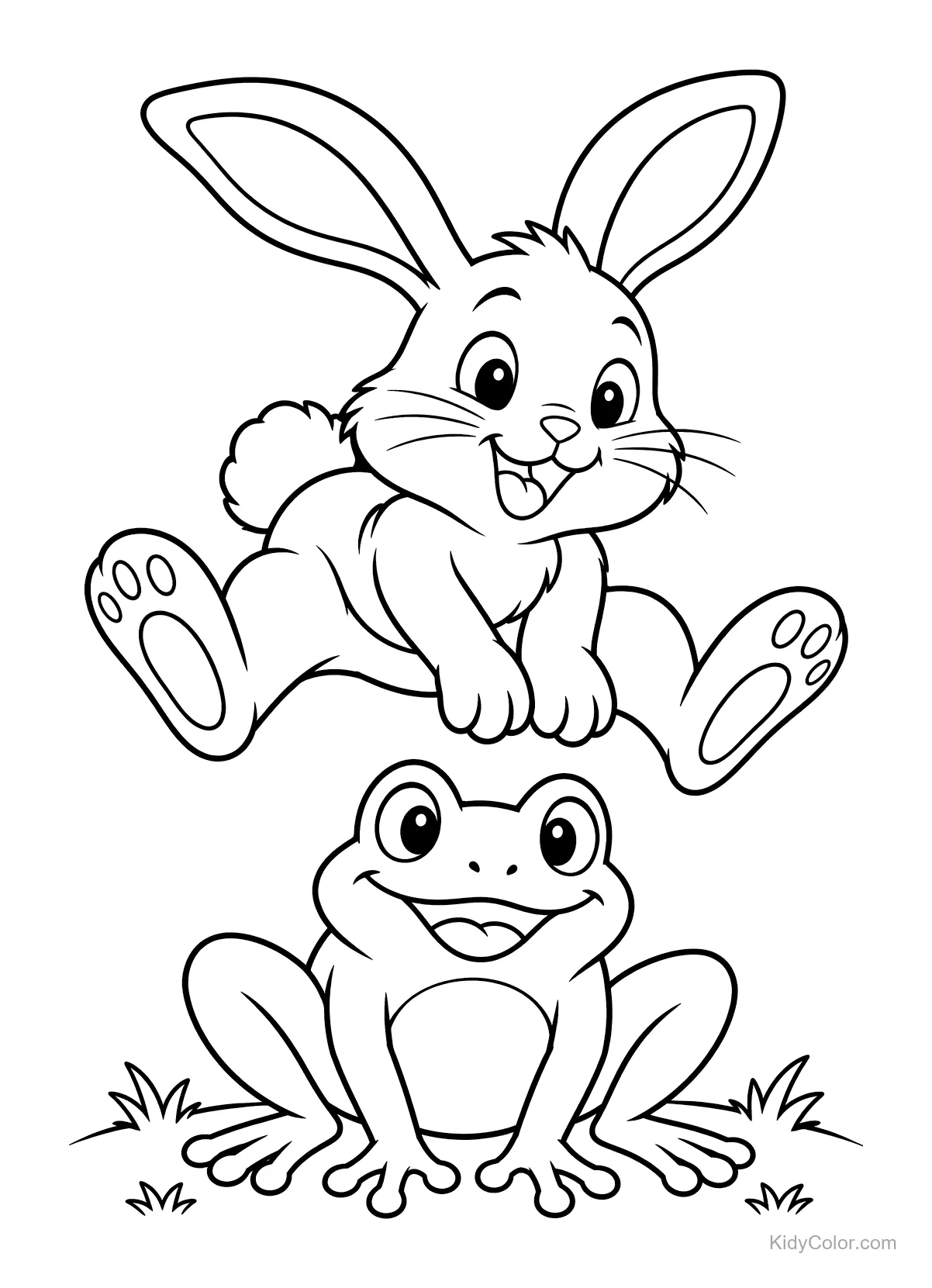 A rabbit leaping playfully over a sitting frog.
