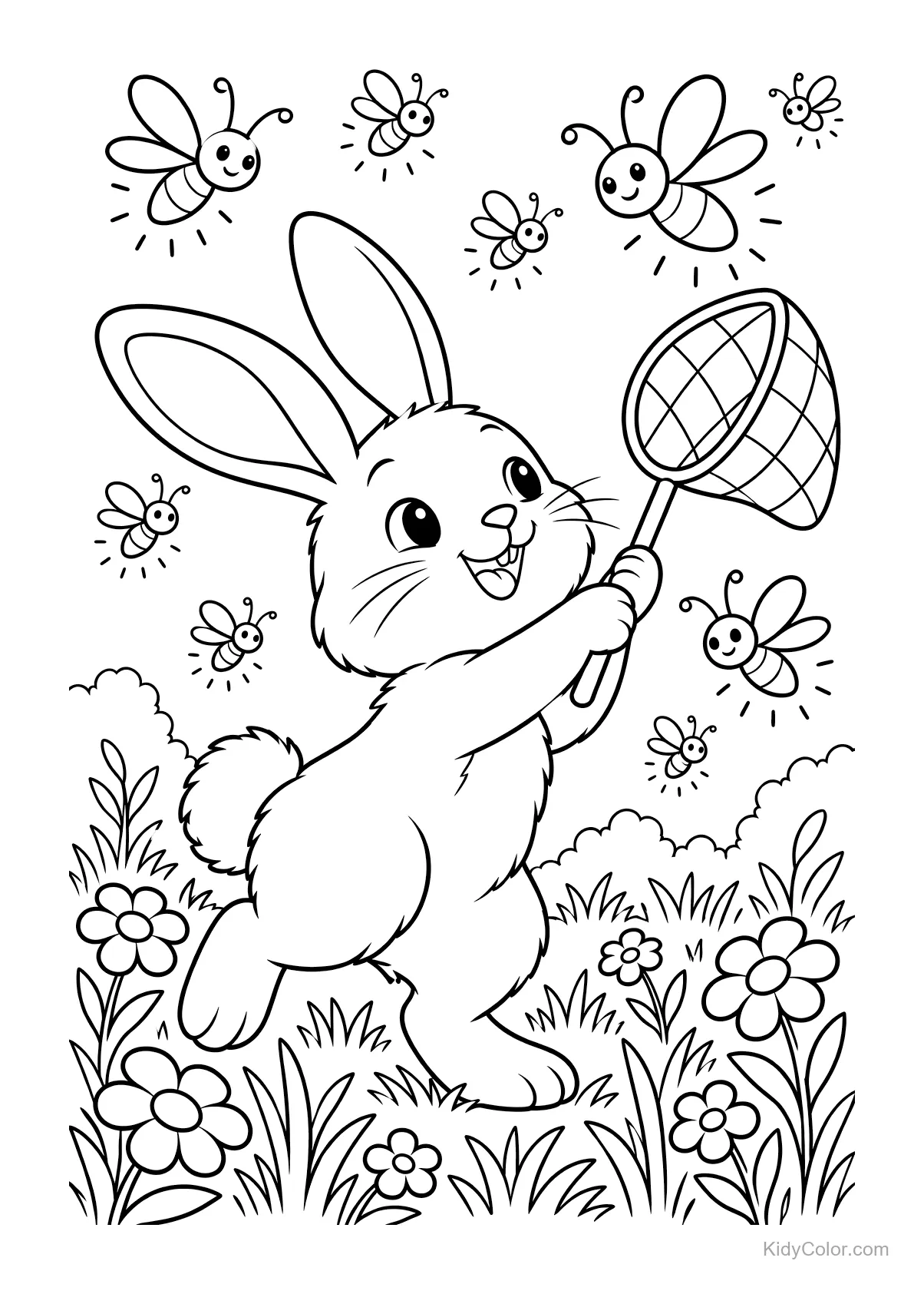 Hase mit Netz fängt Schmetterlinge auf einer Wiese.