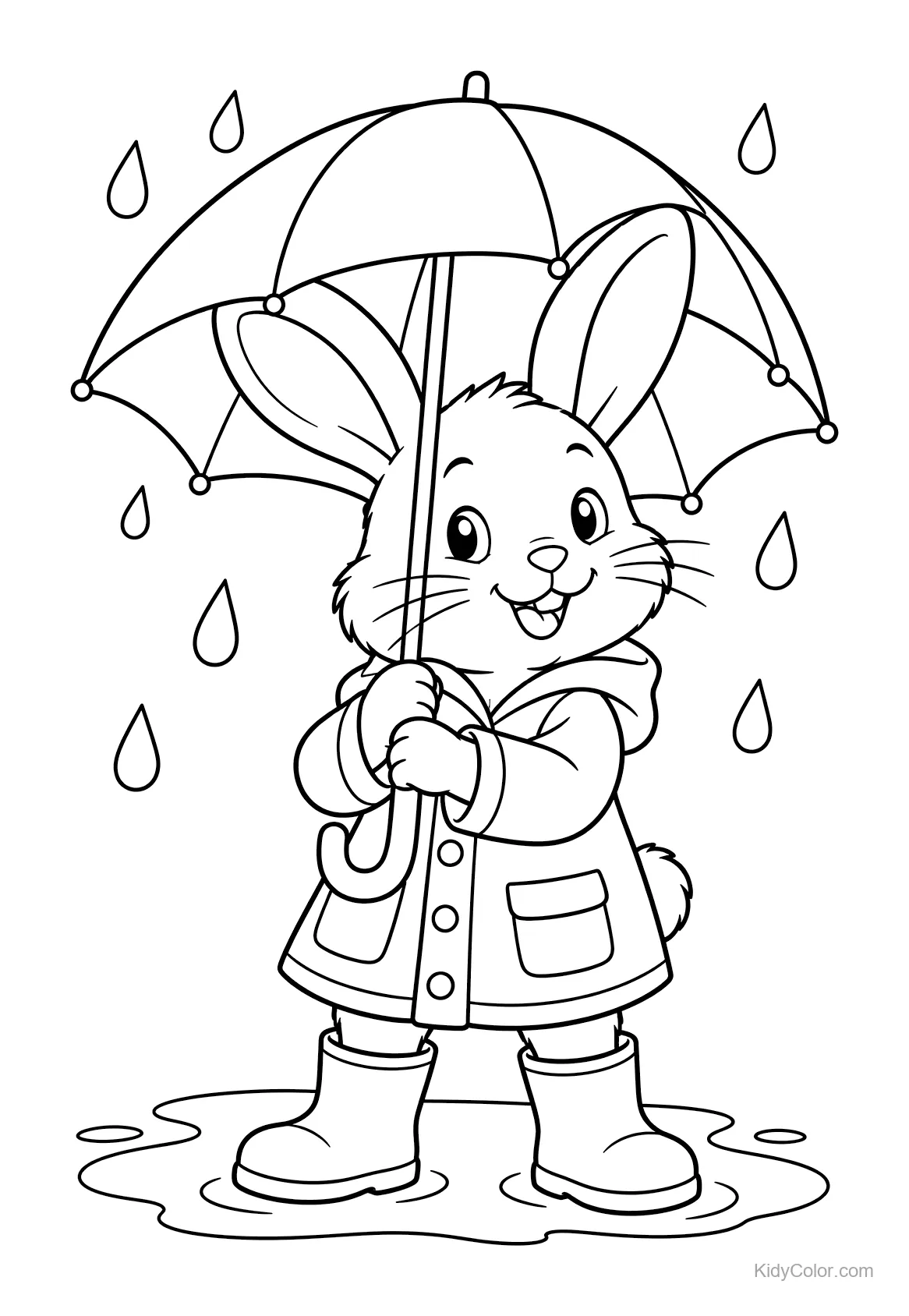 Rabbit with an umbrella and raincoat standing in the rain.