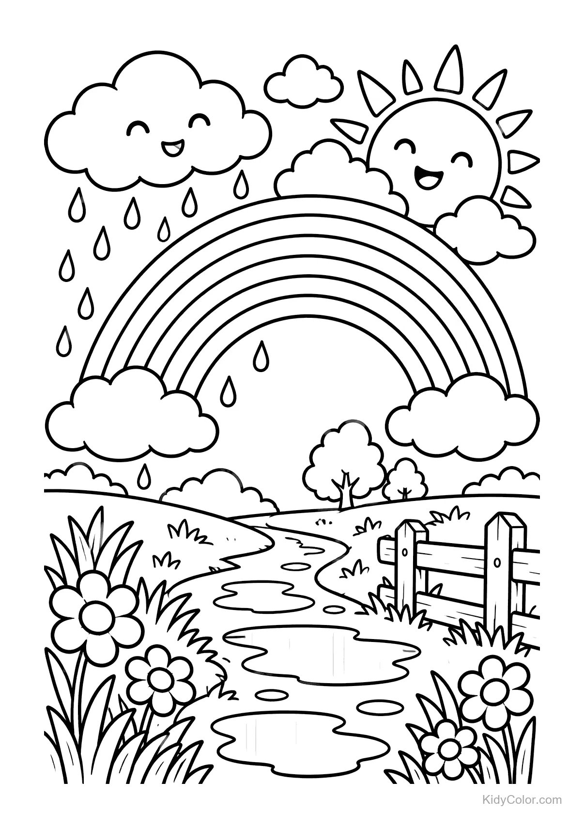 A landscape with a smiling sun, clouds, rainbow, and a path on a rainy day.