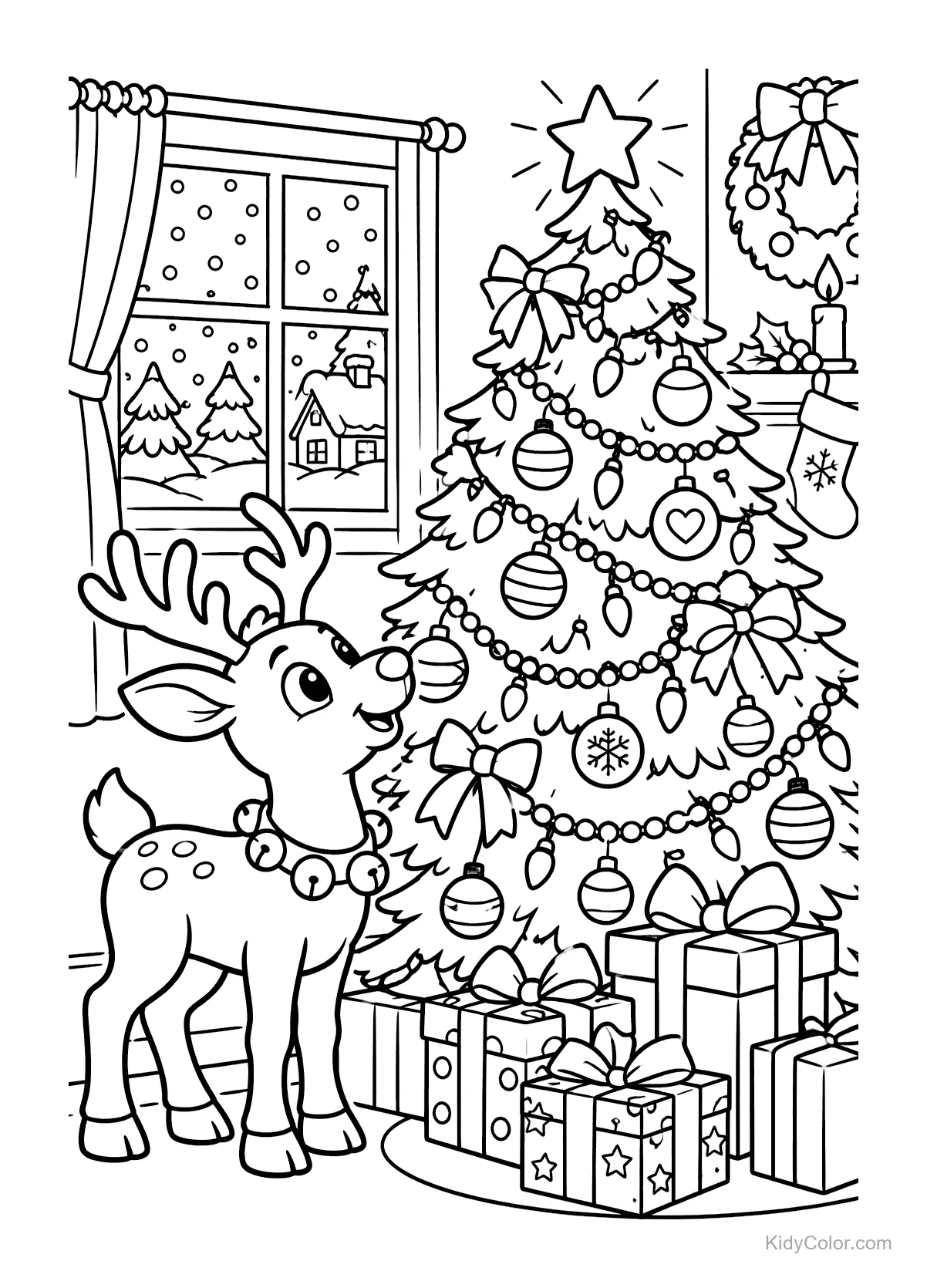 A reindeer looking at a decorated Christmas tree with presents.