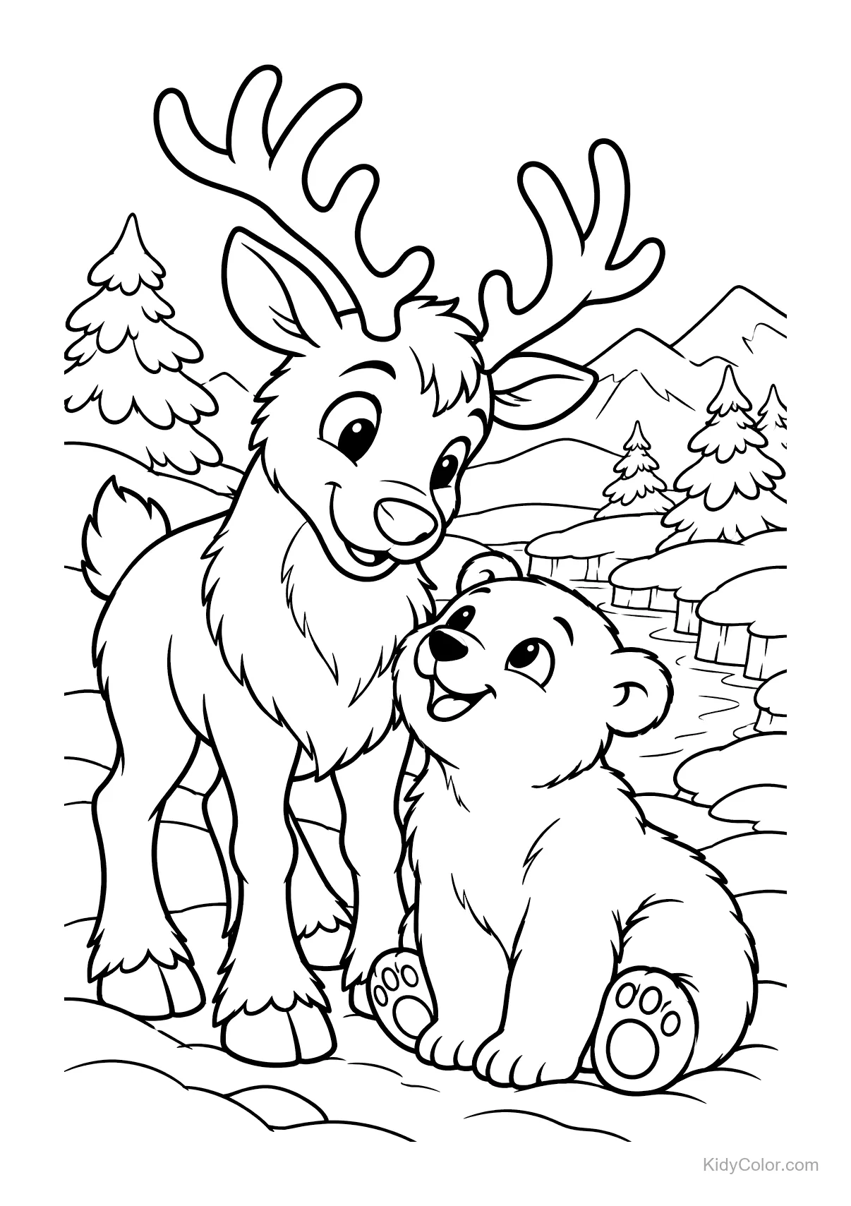 Renne et ours polaire dans une forêt enneigée.