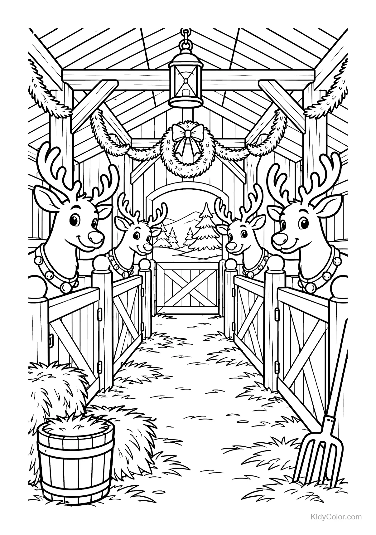 Reindeer stand inside a decorated stable with garlands and a wreath.