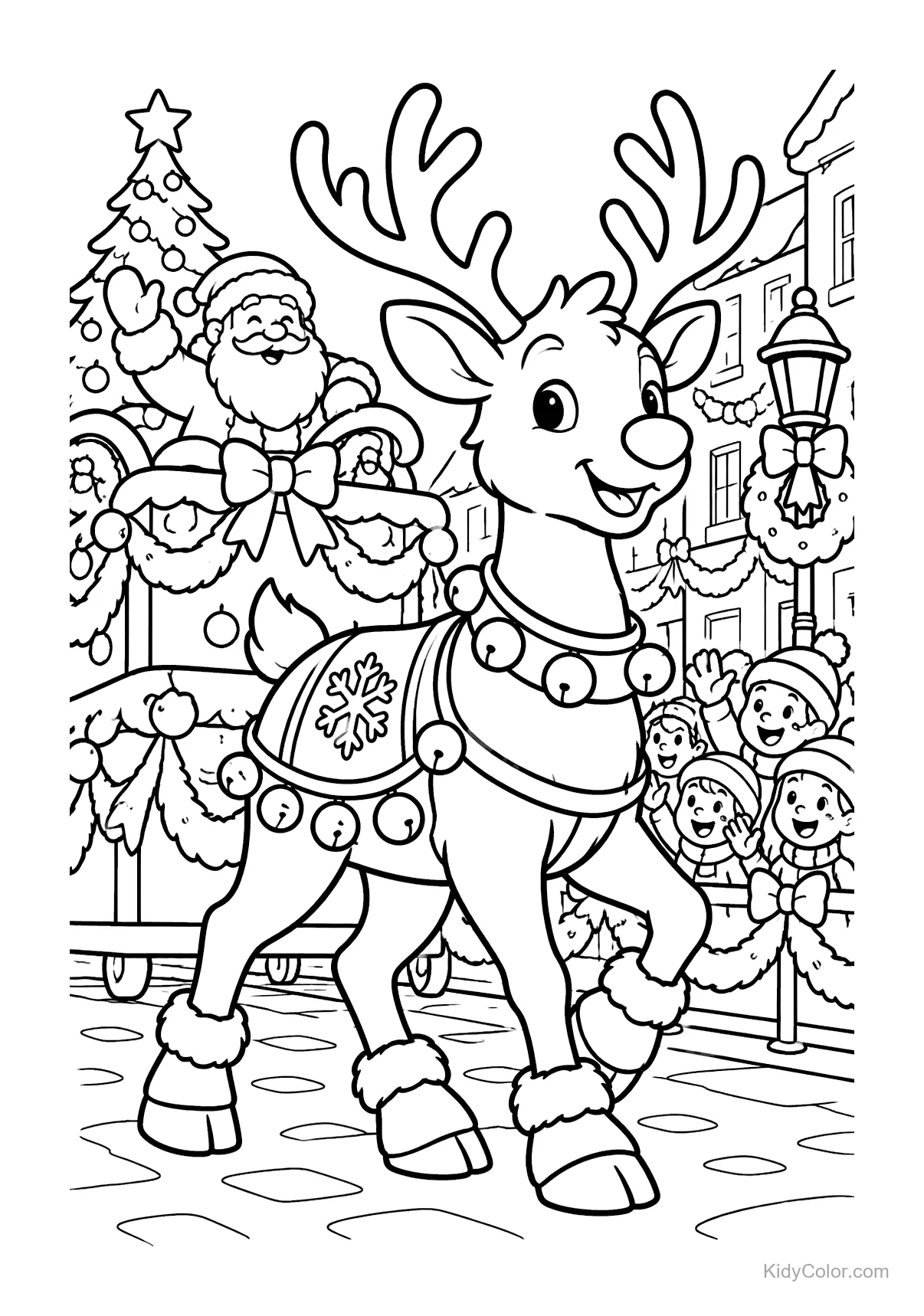 A reindeer leads a Christmas parade with Santa and children.