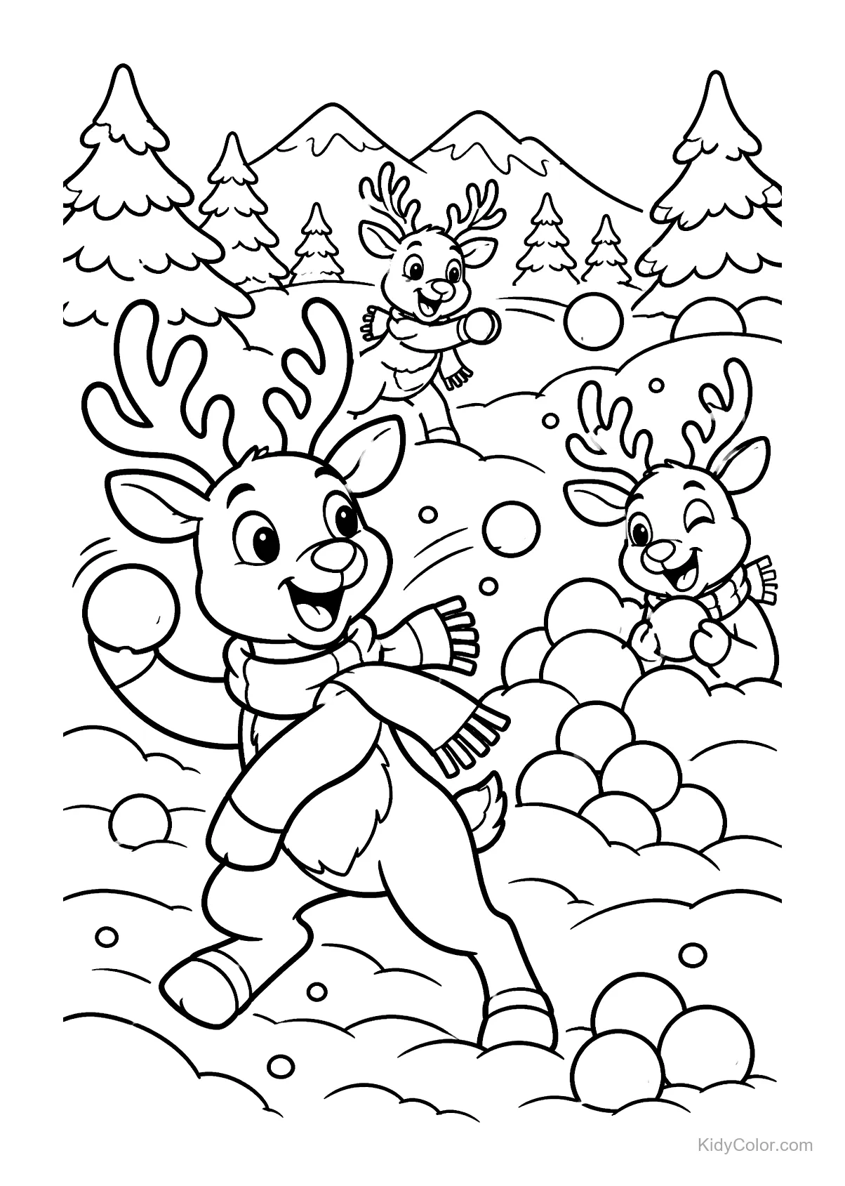 Três renas jogando bolas de neve em uma floresta nevada.