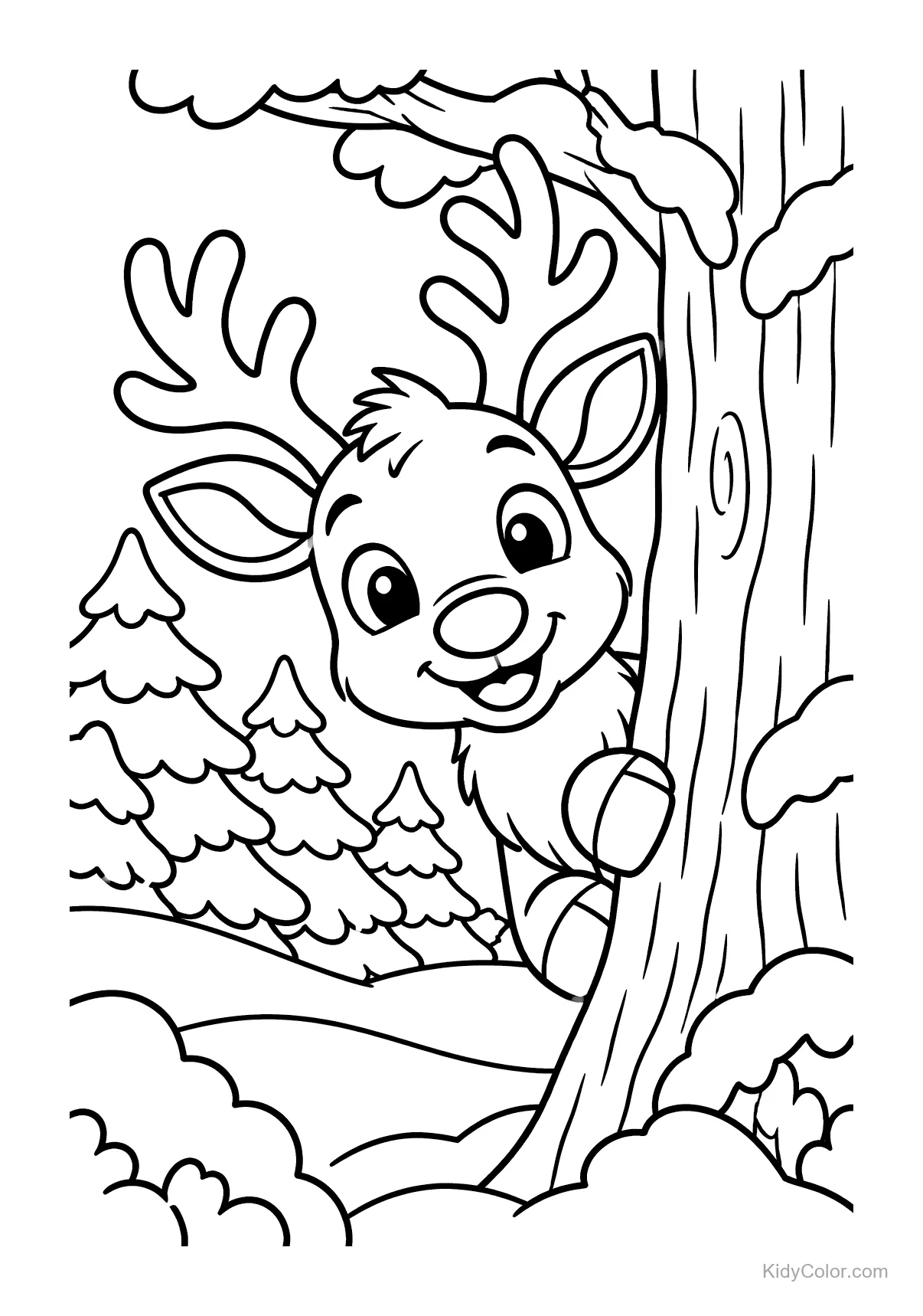 Reindeer with antlers peeking from behind a tree in a snowy forest.