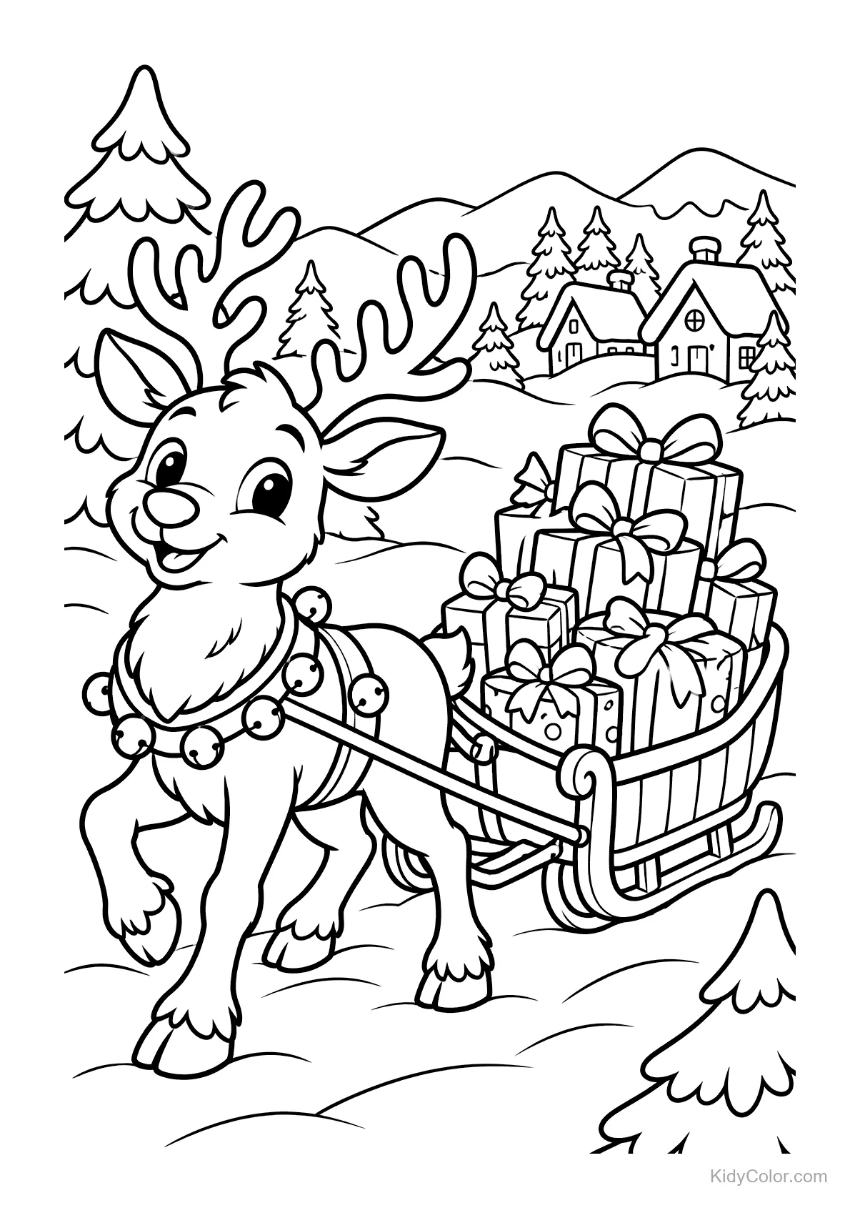 Reindeer pulling a sleigh with gifts through a snowy landscape.