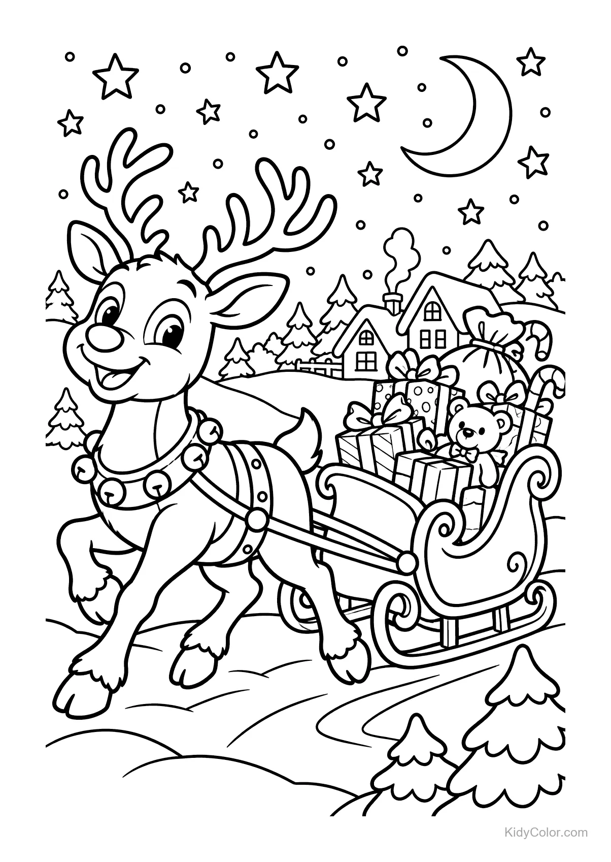 Reindeer pulling a sleigh filled with gifts under stars.