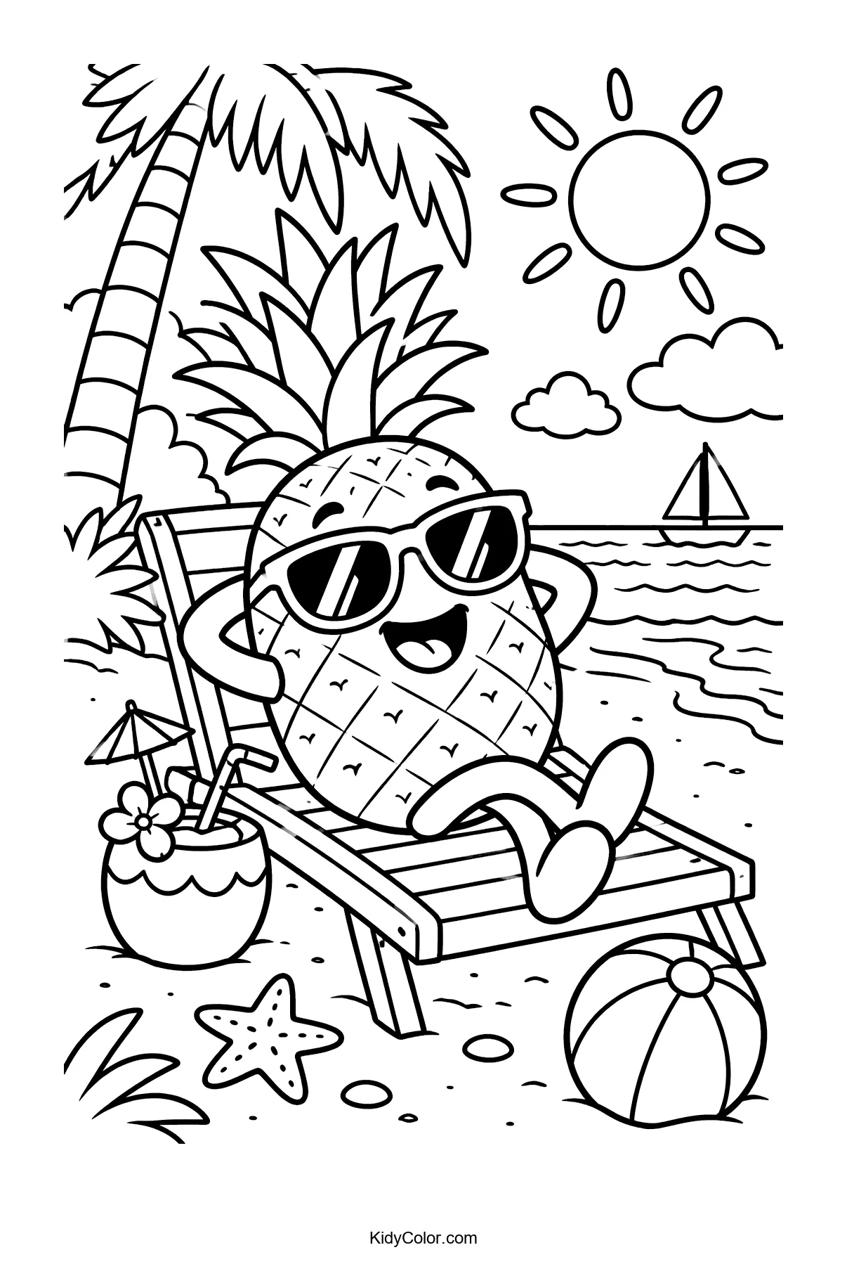 Pineapple with sunglasses on a beach chair, drink in hand.