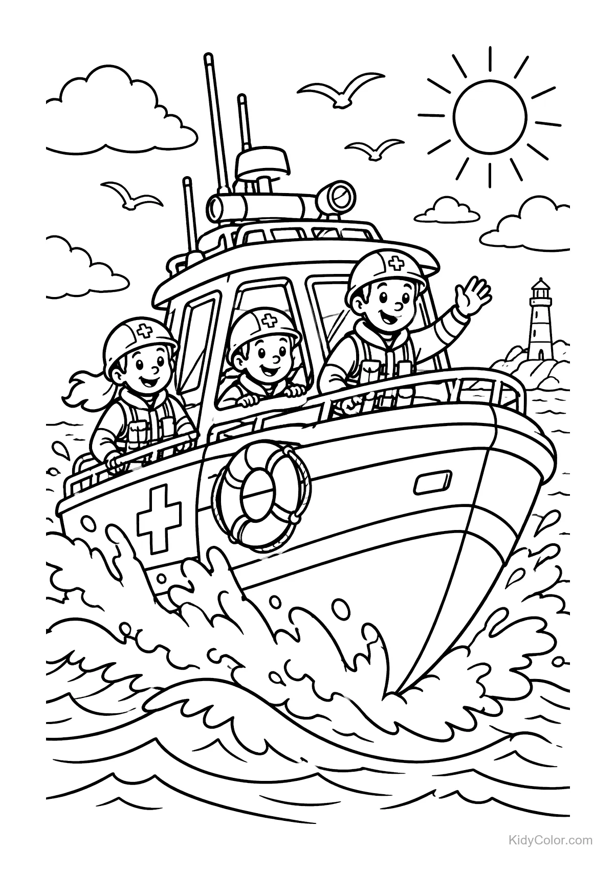 Rescue team on a boat with a lighthouse in the background.