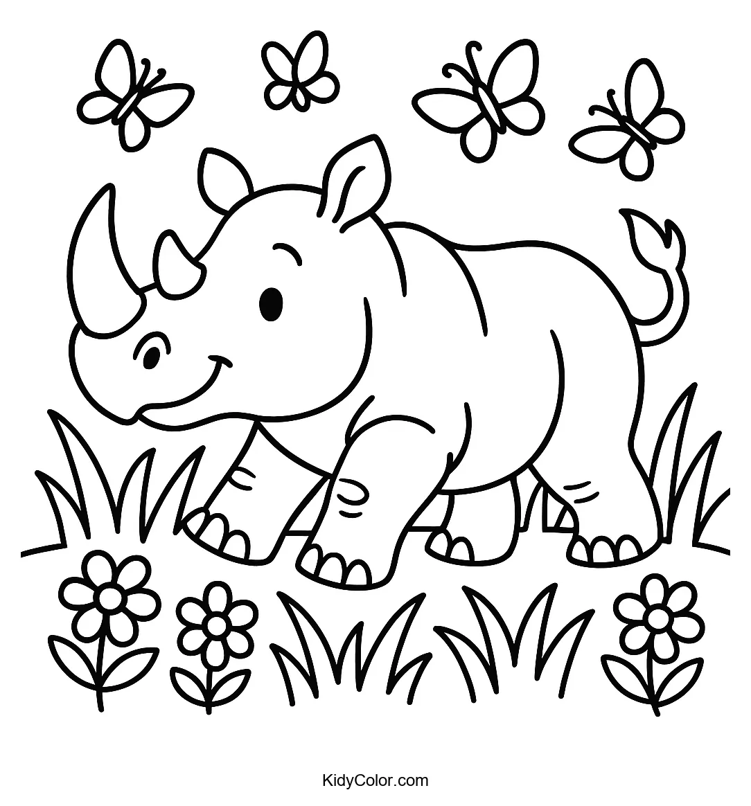Rhino in grass with butterflies and flowers