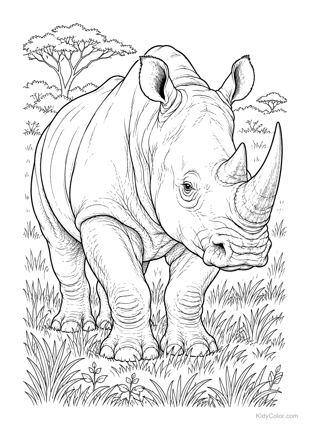 A rhinoceros walking in the savanna with grass and trees.