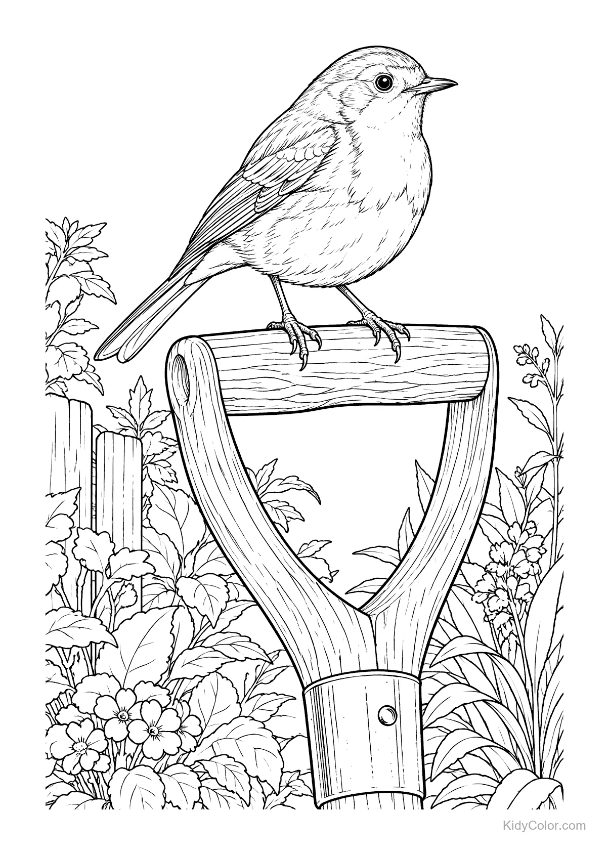 A robin perched on the handle of a garden spade with plants around it.