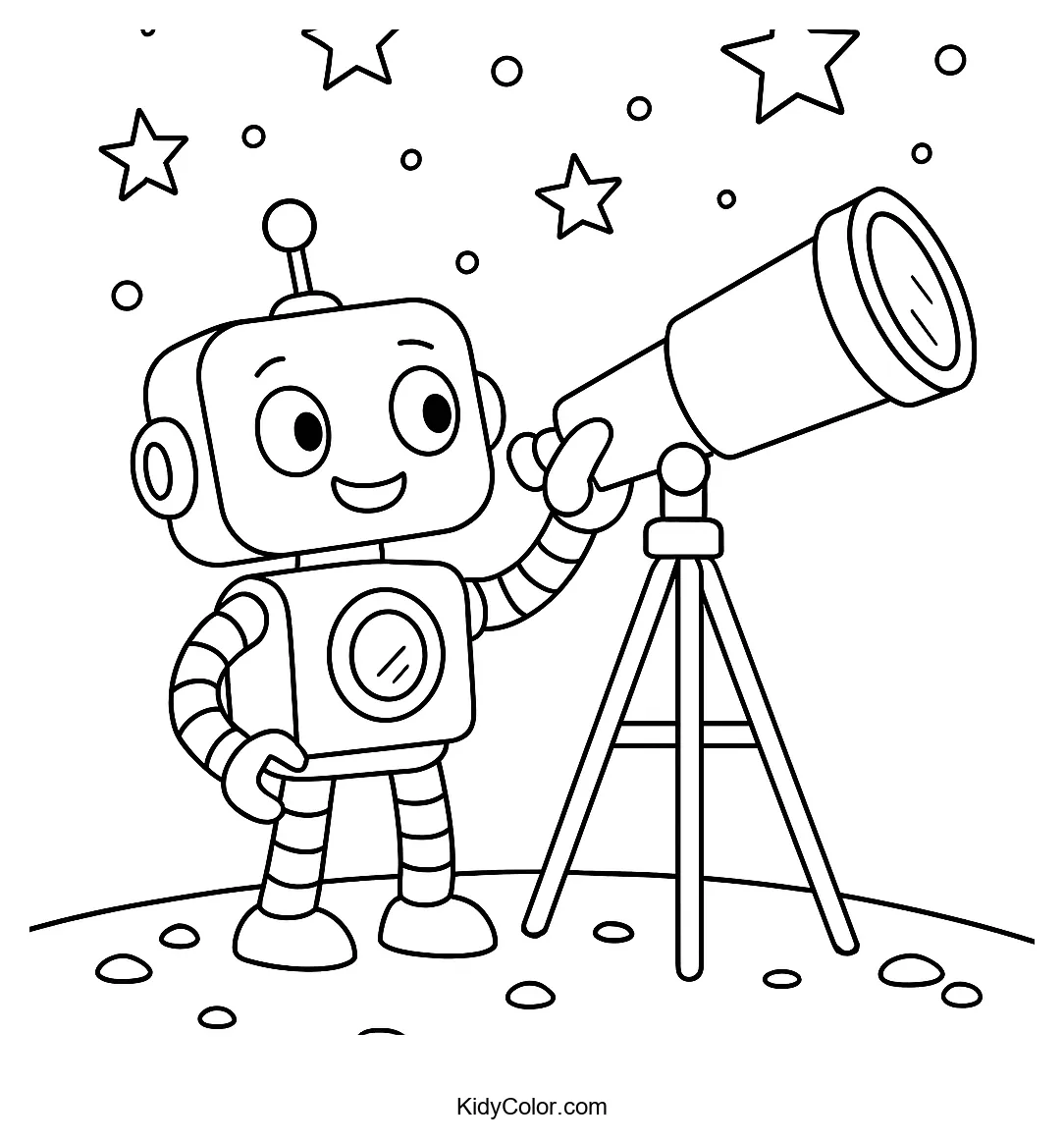 Robot looking through telescope at night sky