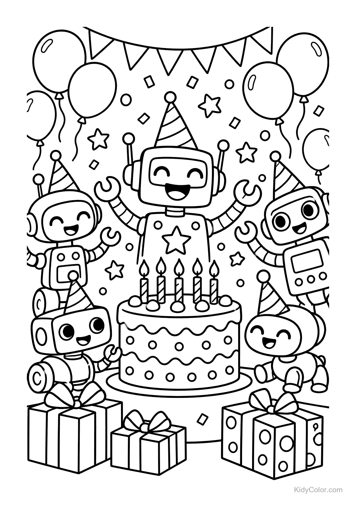 Group of robots with a birthday cake, balloons, and gifts.