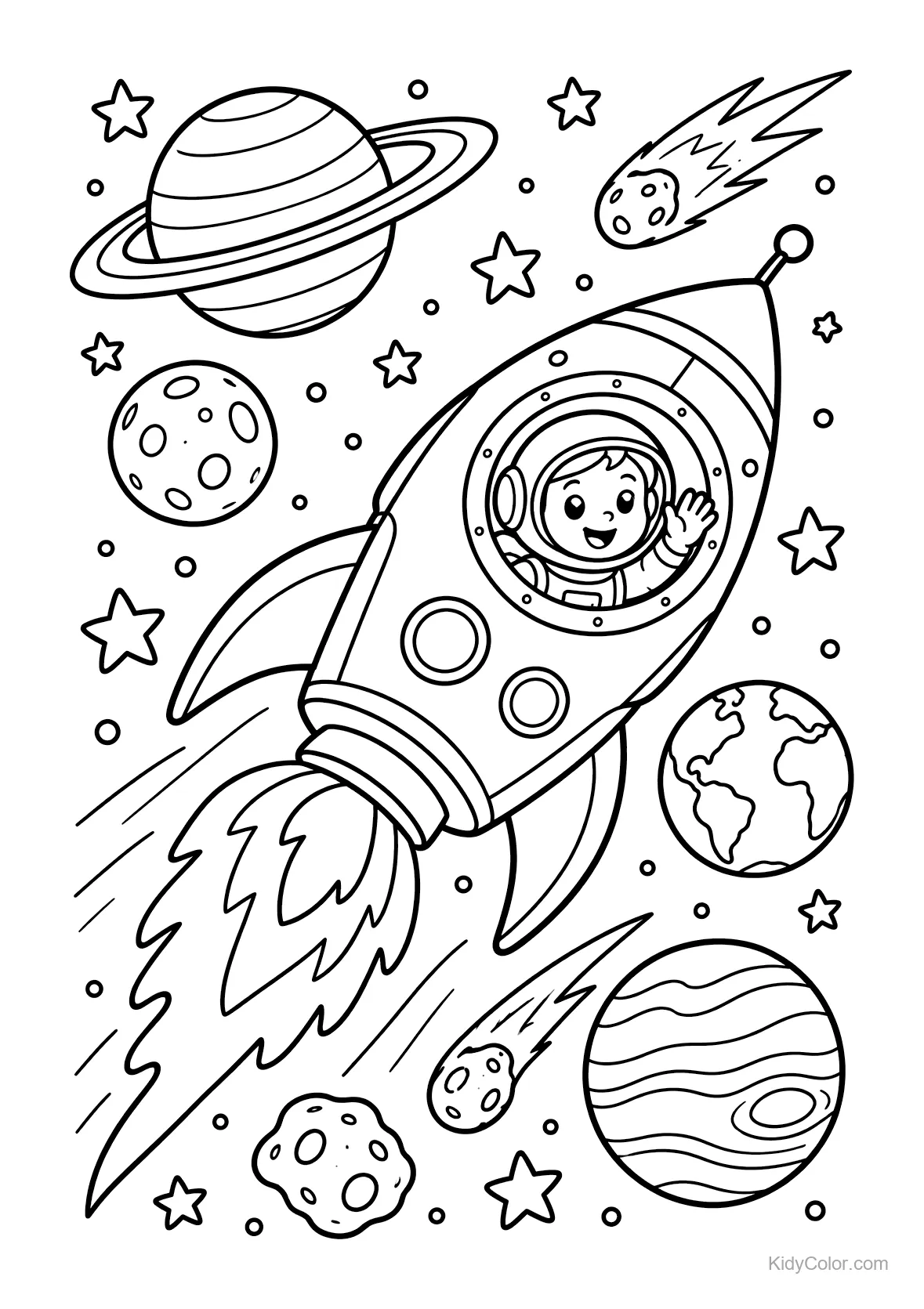 Child waves from a rocket flying through space surrounded by planets and stars.
