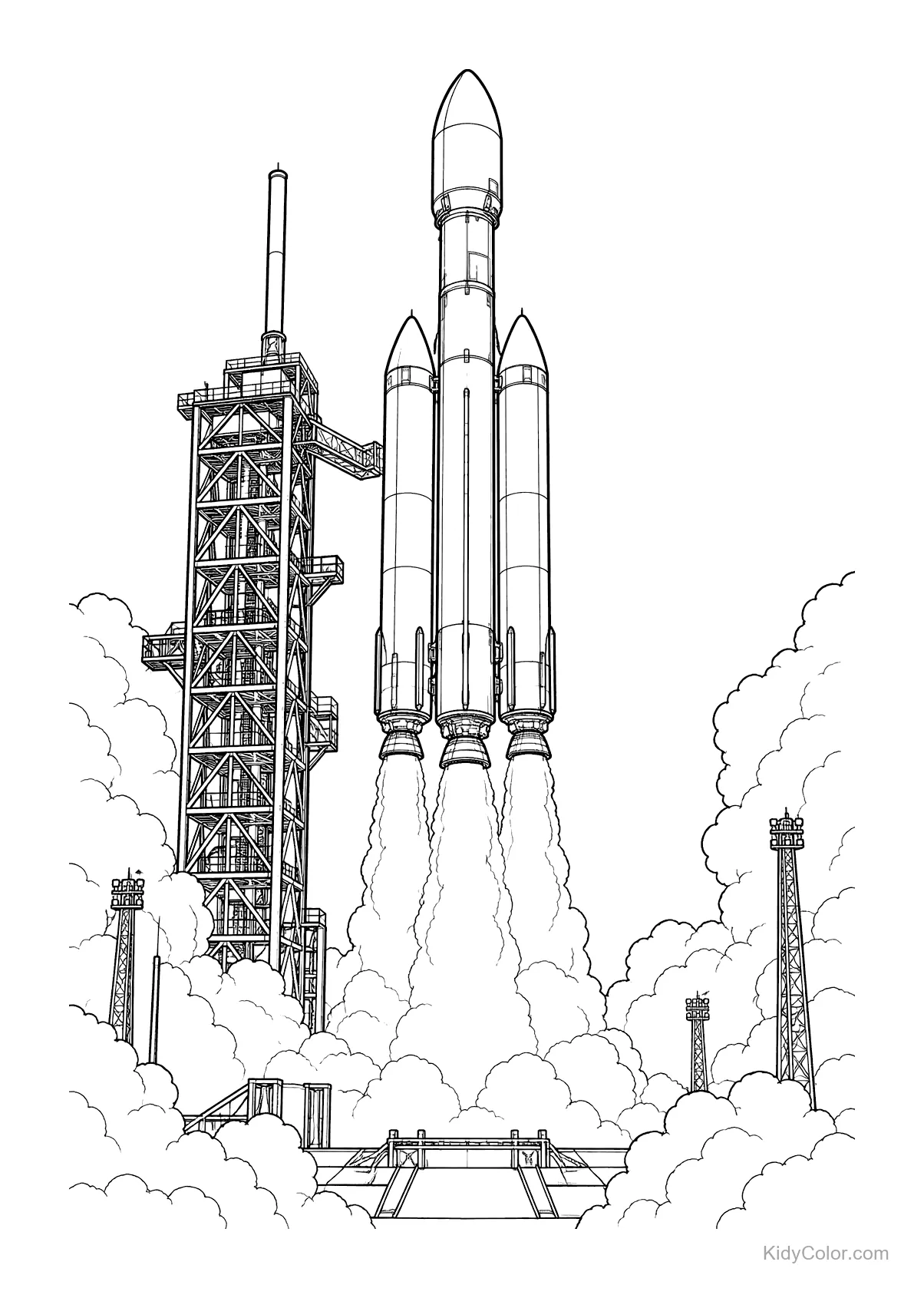A rocket launching with smoke billowing around and a launch pad visible.