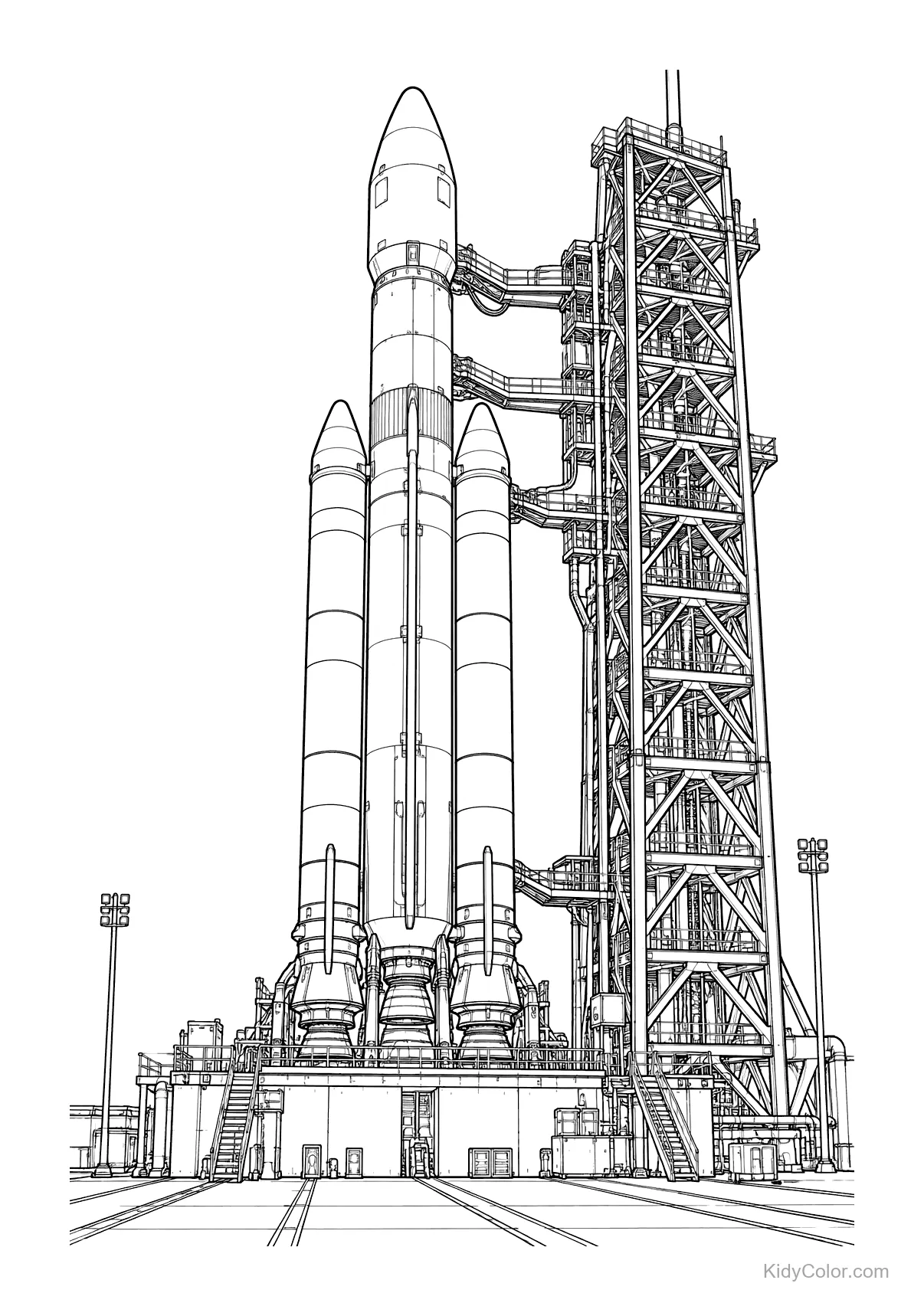 Rocket on a launch pad with gantry tower.