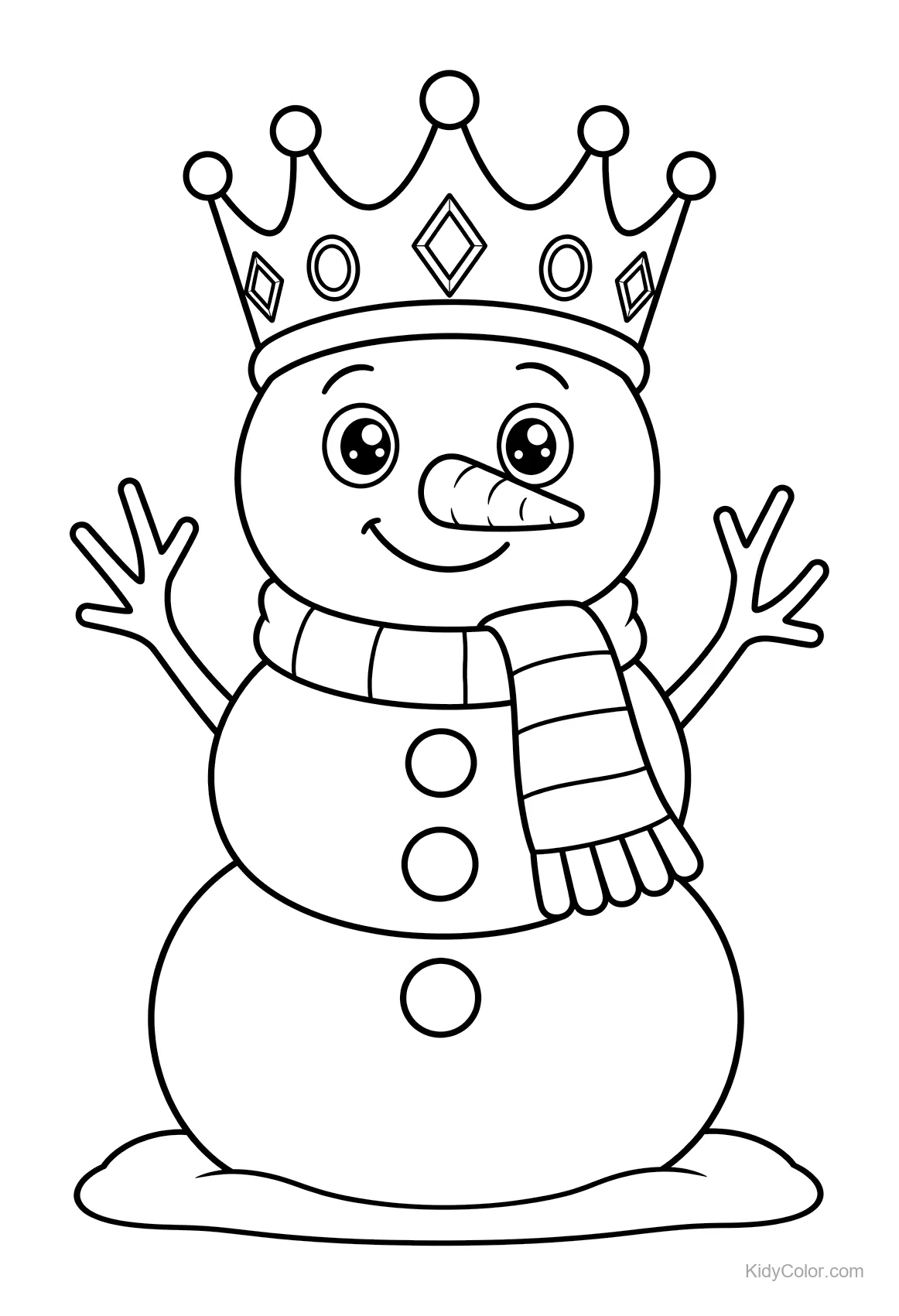 A snowman with a crown and scarf looking cheerful.