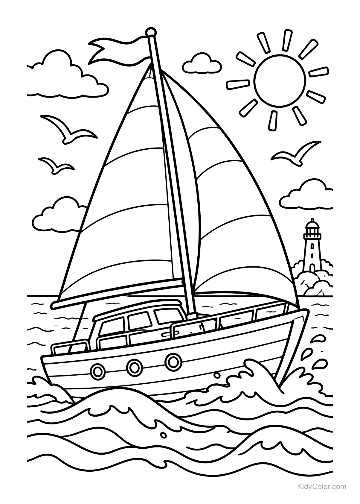 A sailboat with sails up on the sea with a lighthouse in the distance.