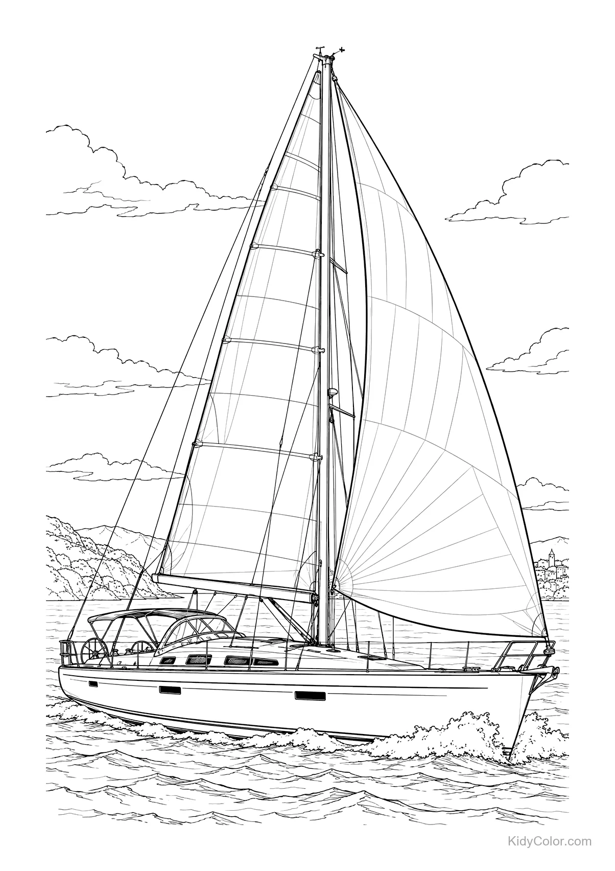 A sailing yacht with large sails glides over the sea.