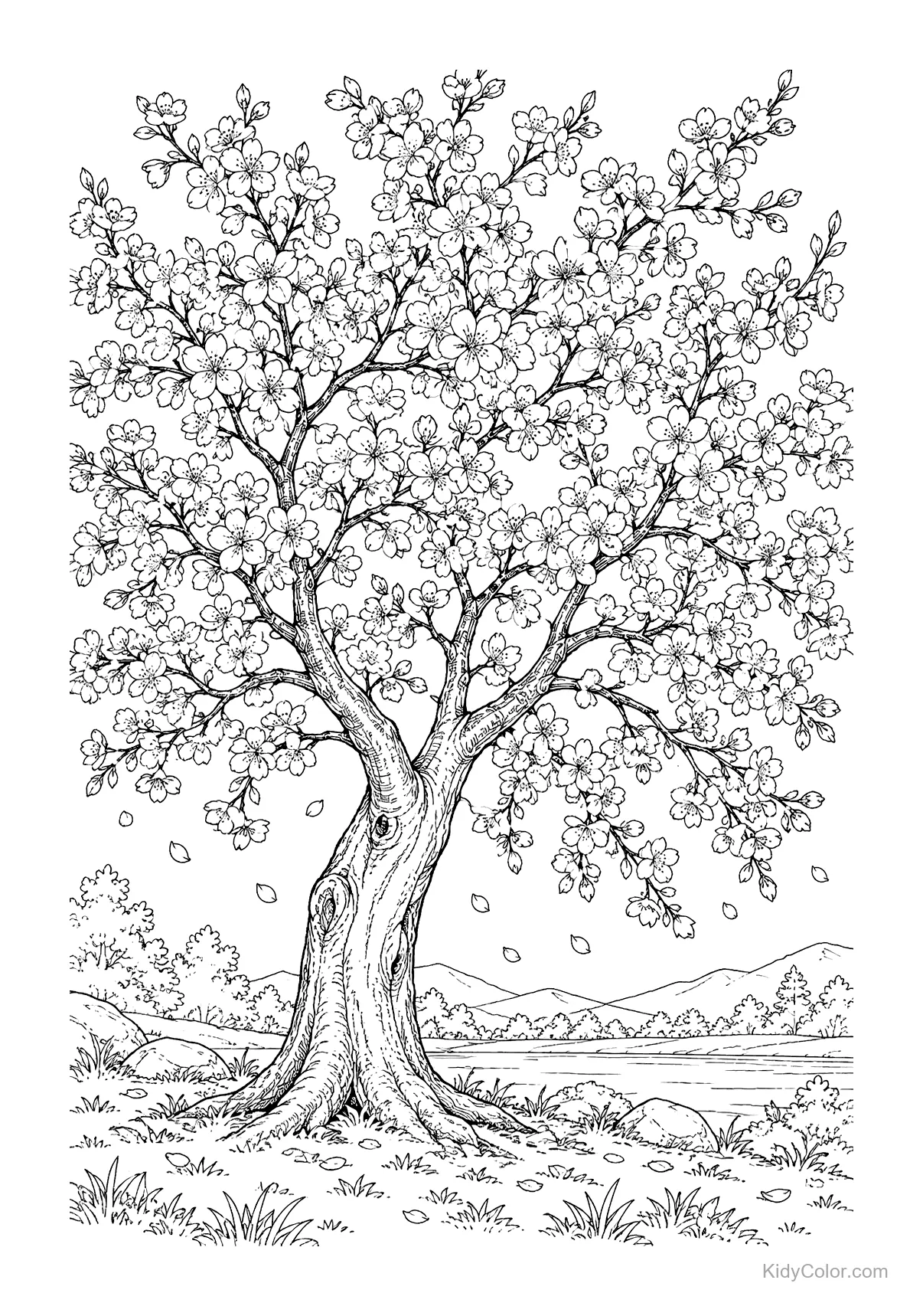 Sakura tree with blossoms by a quiet lake, petals falling.