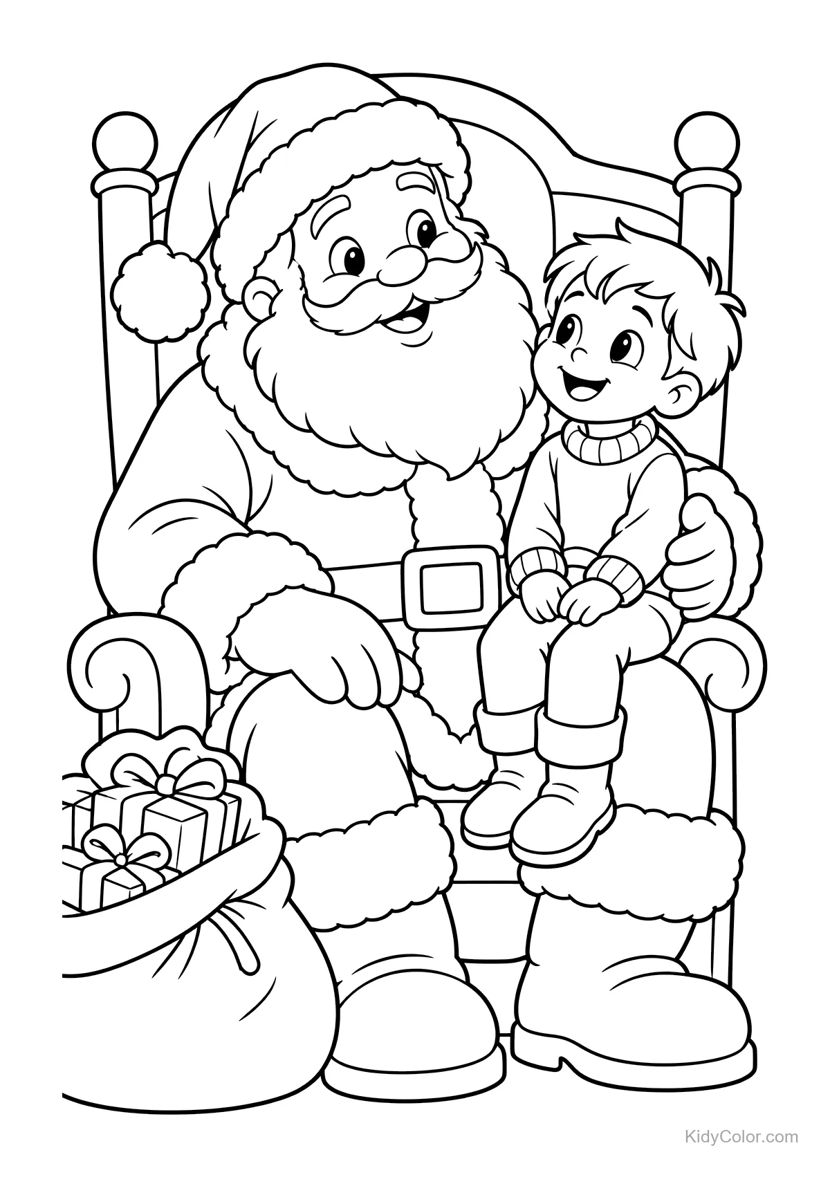 Weihnachtsmann mit Kind auf dem Schoß, umgeben von Geschenken.