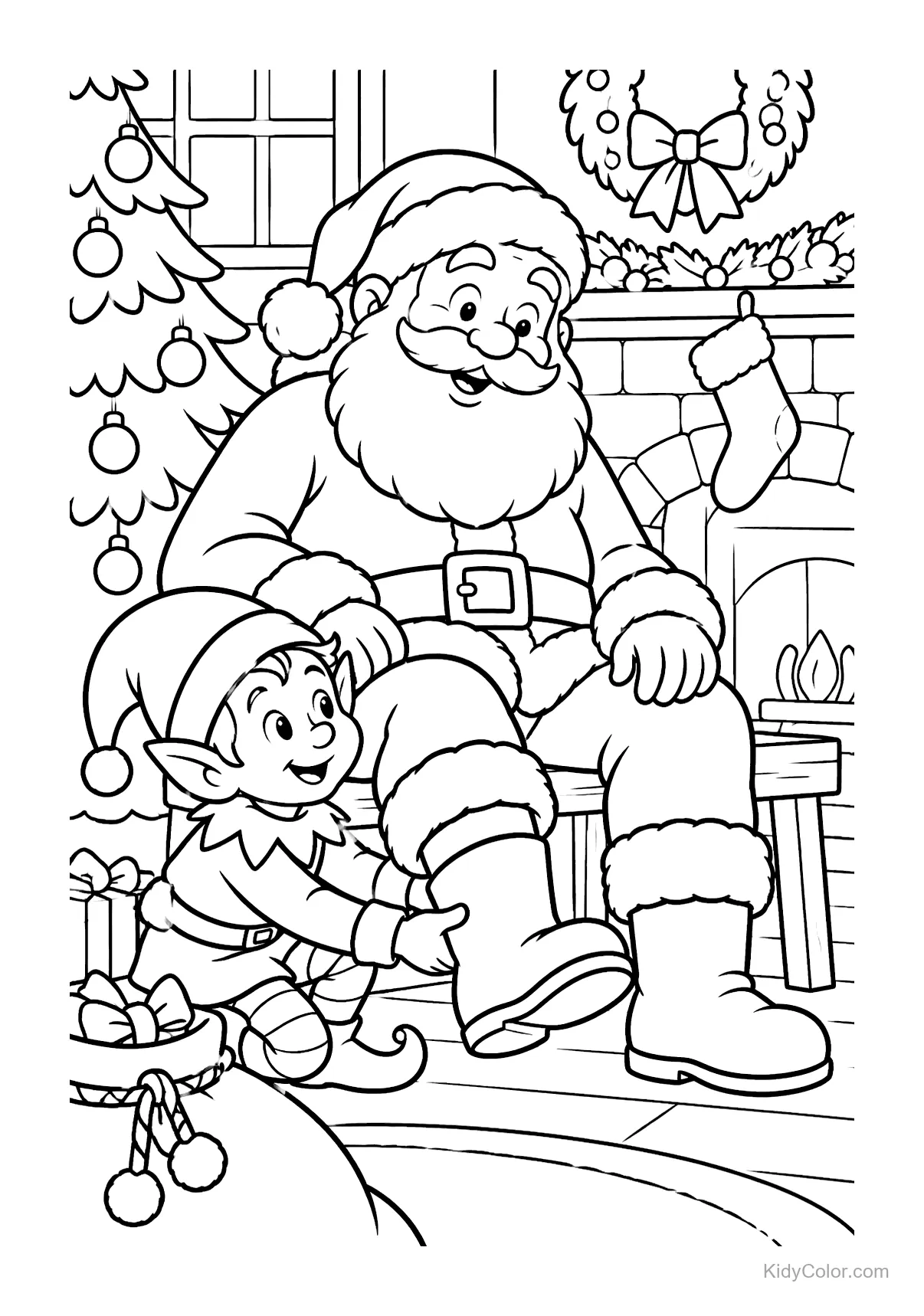 Santa sitting by a fireplace with an elf touching his boot.