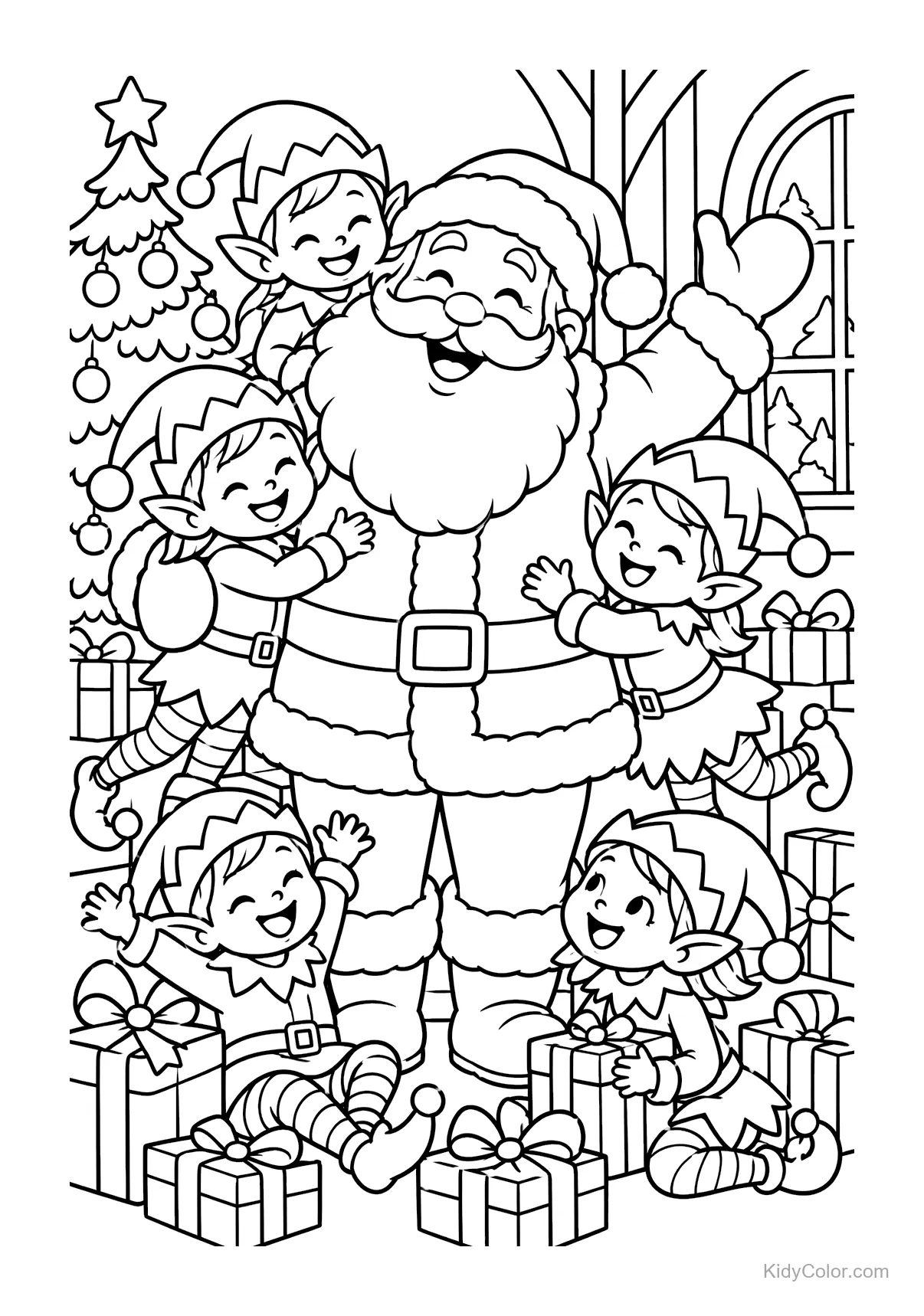 Santa surrounded by happy elves and presents near a Christmas tree.