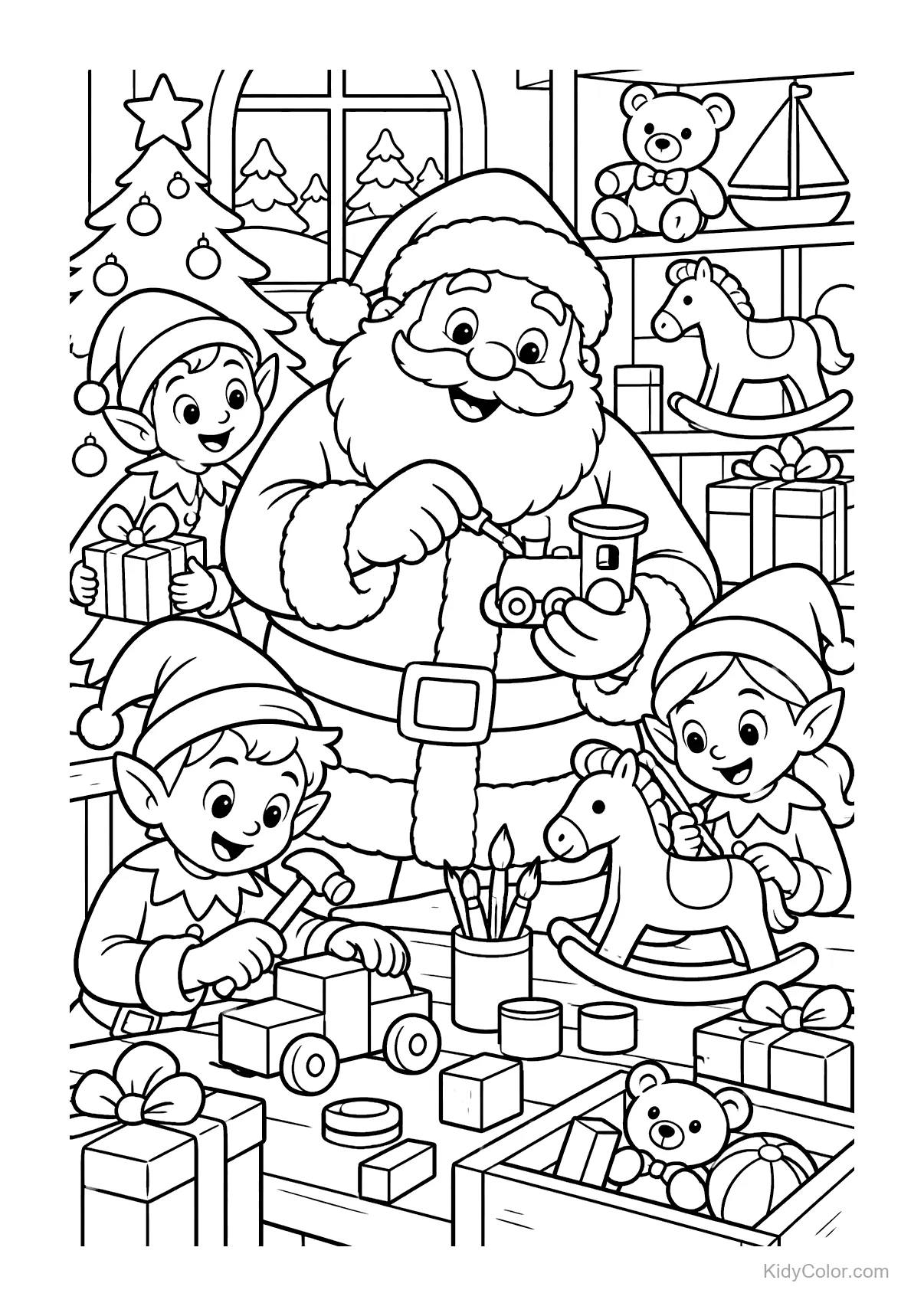 Kerstman met elfjes in een speelgoedwerkplaats, speelgoed maken