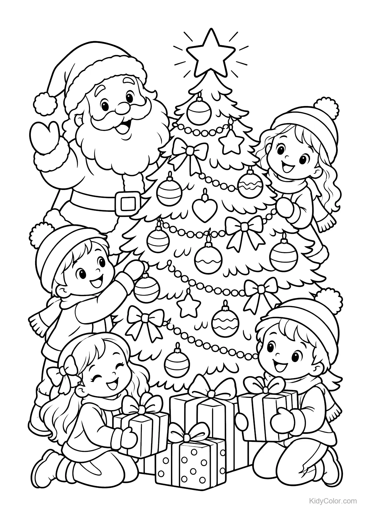 Santa und Kinder schmücken einen Weihnachtsbaum mit Geschenken.